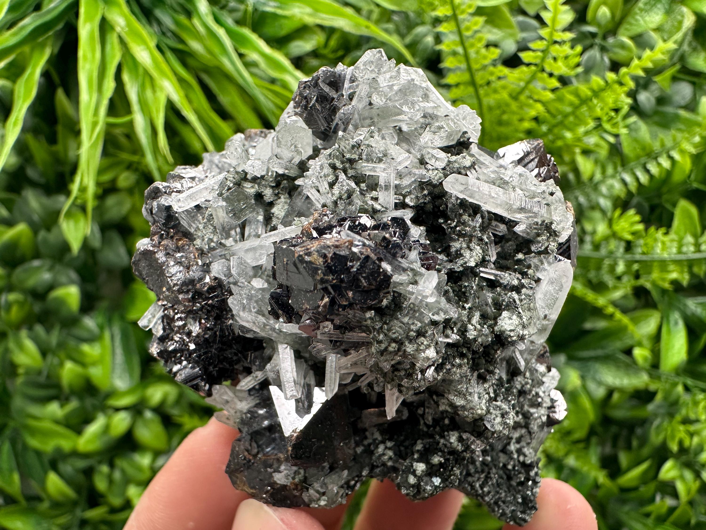 Black Sphalerite with Quartz Cluster, Natural Mineral Specimen