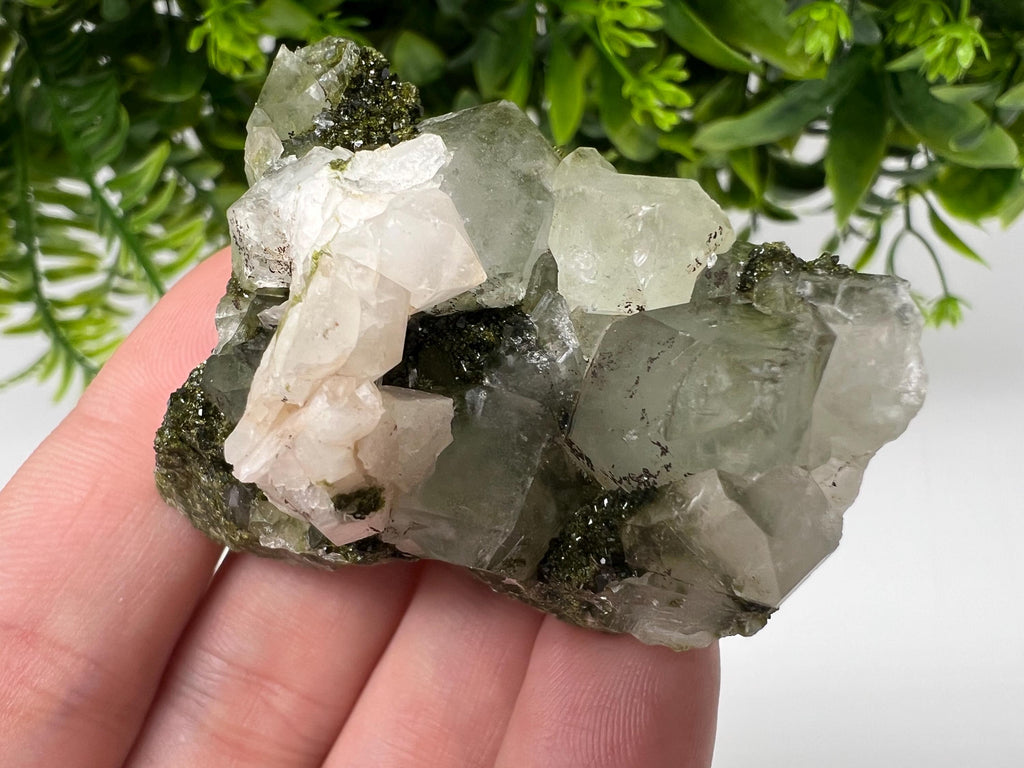 Green Epidote with Quartz Crystals: Rainbow Sparkle, Eastern Anatolian Mineral