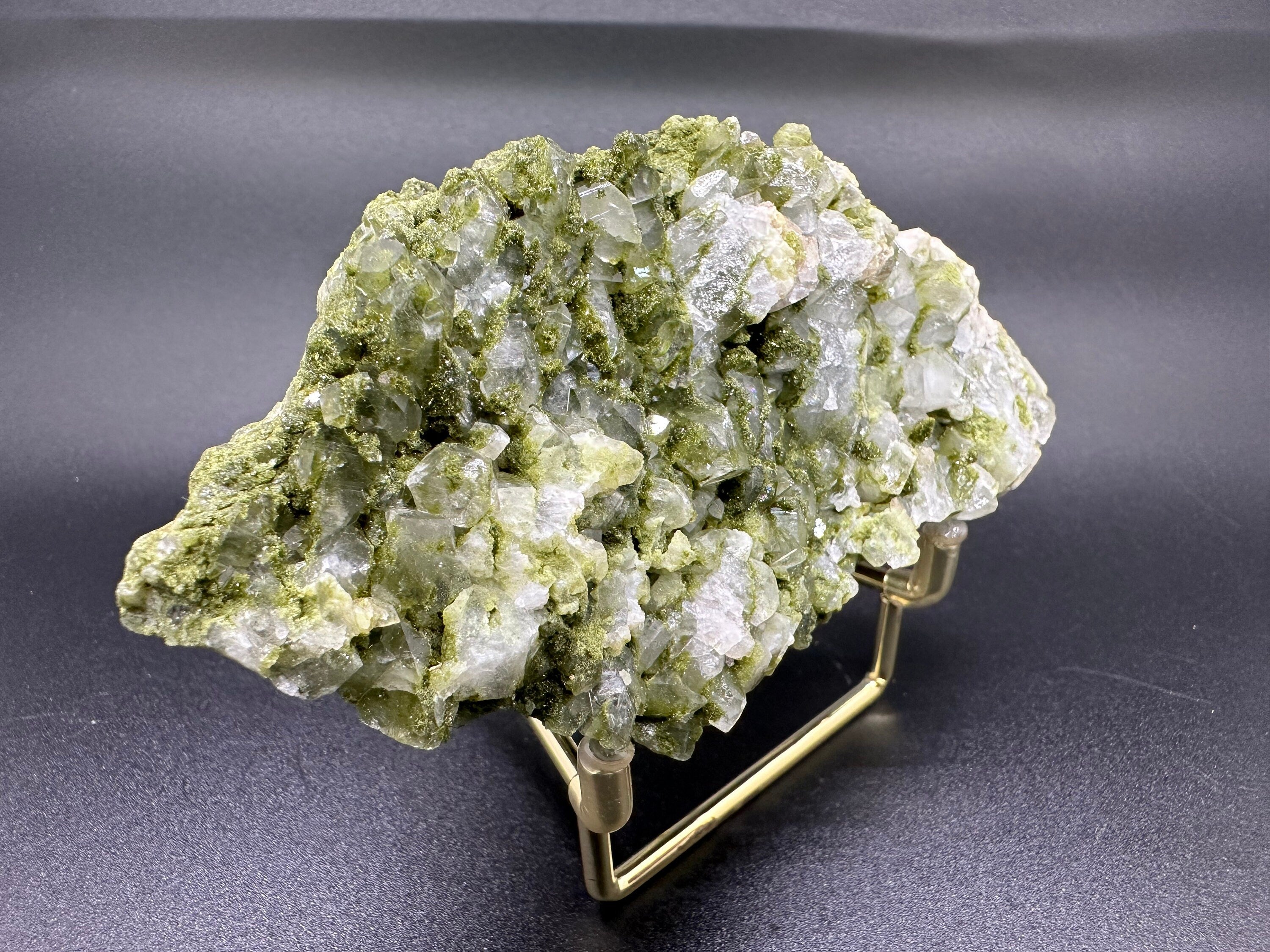 Rare Green Epidote with Quartz Crystals: Sparkly Rainbow Mineral Decor