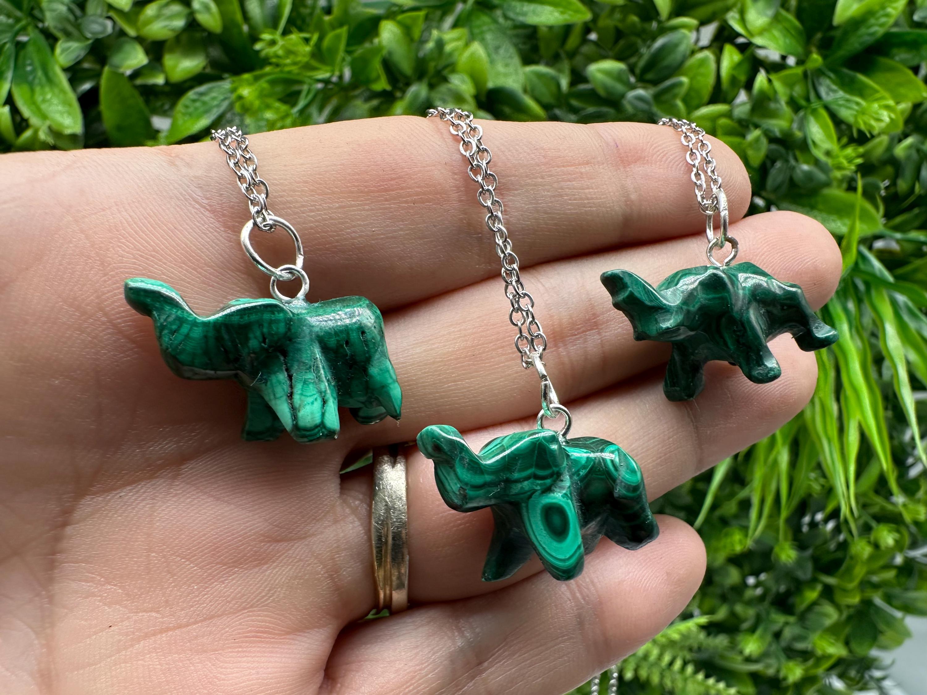 Malachite Elephant Figurine: Natural Stone Pendant, Vintage Home Decor