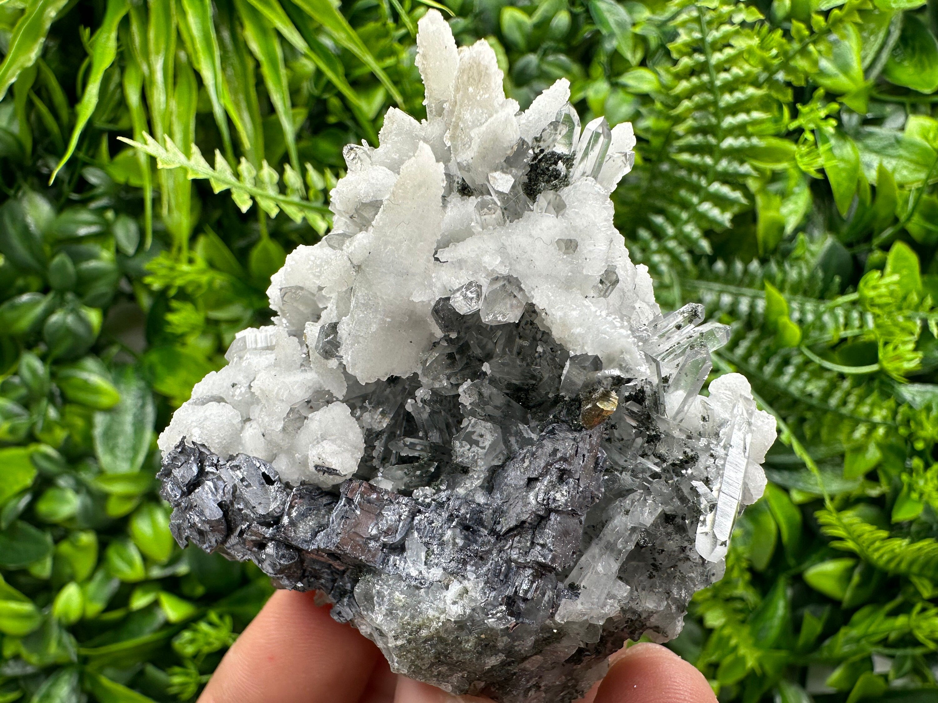Galena Pyrite Calcite on Quartz: Borieva Madan Mineral