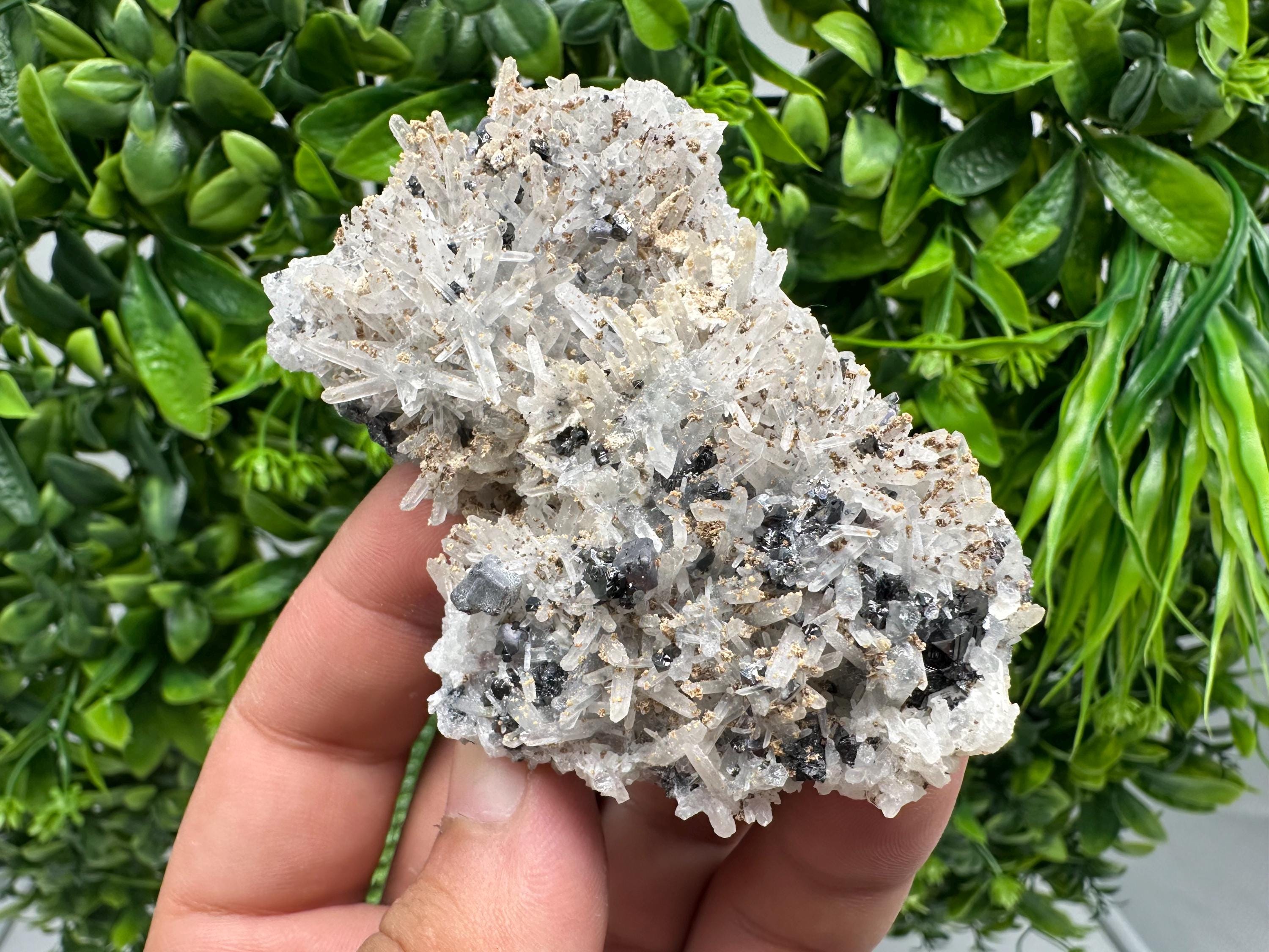 Wonderful Calcite,Sphalerite,Galena on Needle Quartz from Borieva mine,Madan,Bulgaria,natural,collectible mineral specimen,home decor stone
