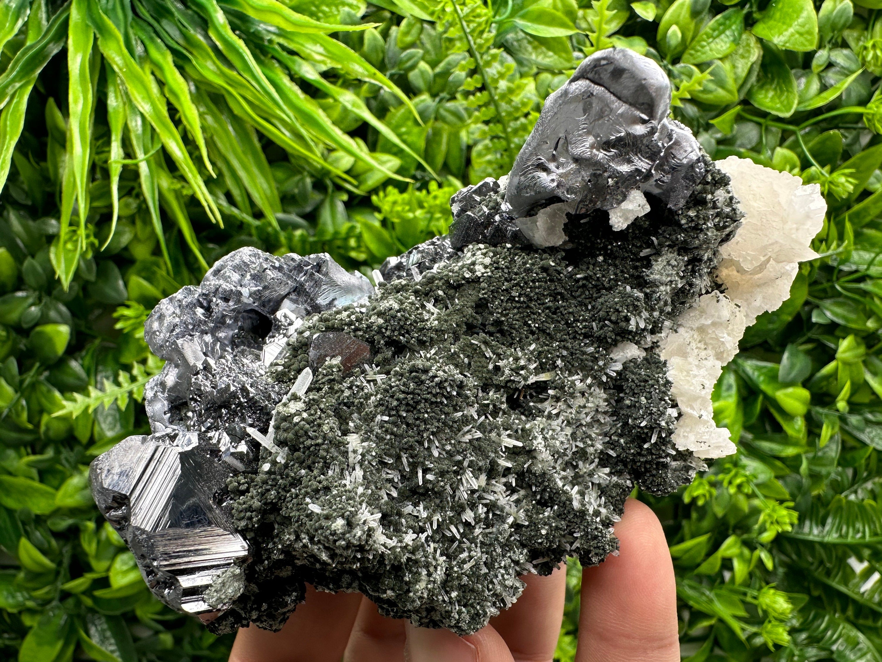 Galena Sphalerite Mineral Specimen, Calcite on Quartz, Bulgarian Crystal