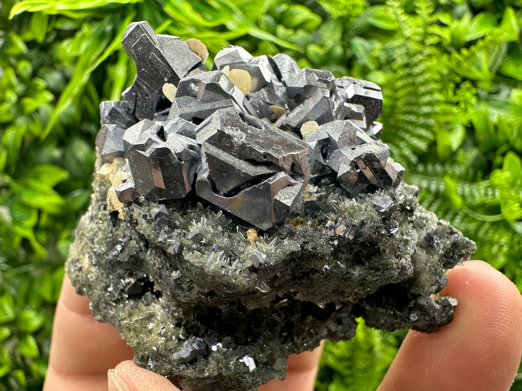 Galena with Calcite on Needle Quartz, Borieva Mine Mineral Specimen