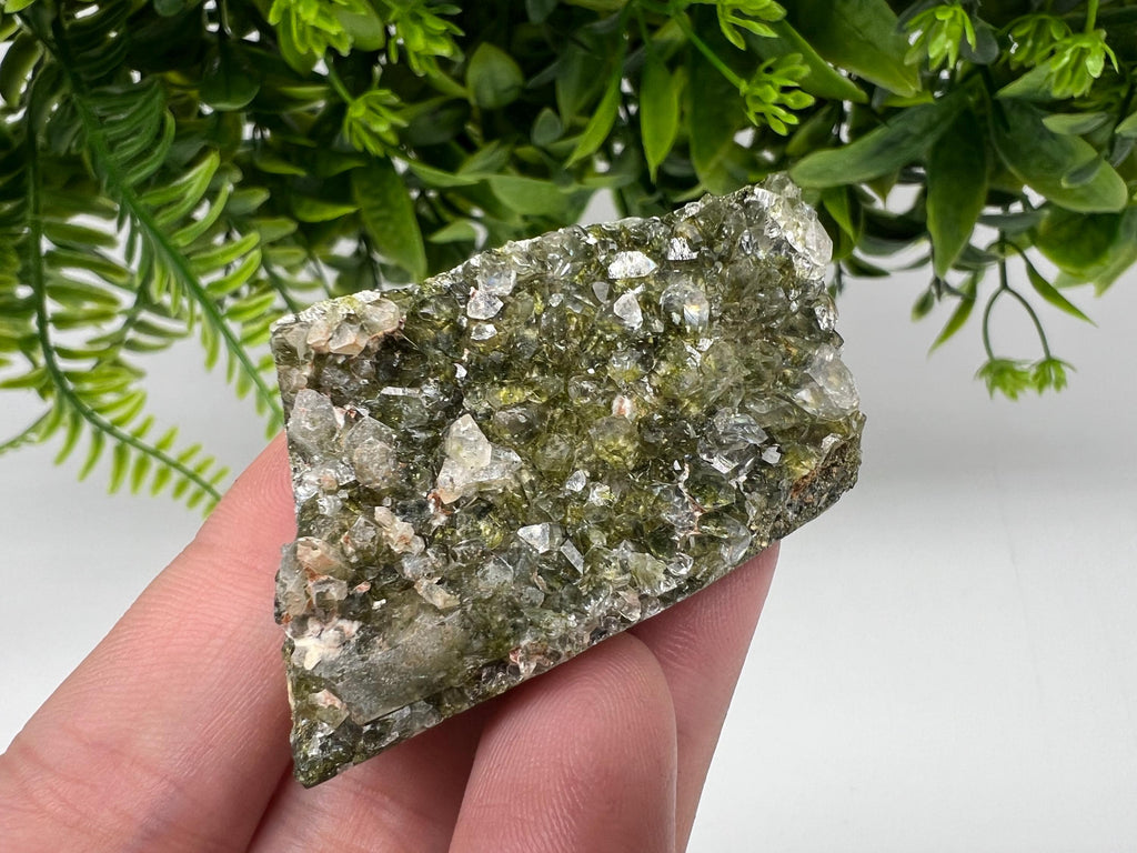 Rare Green Epidote with Quartz Crystals: Sparkly Rainbow Mineral Decor