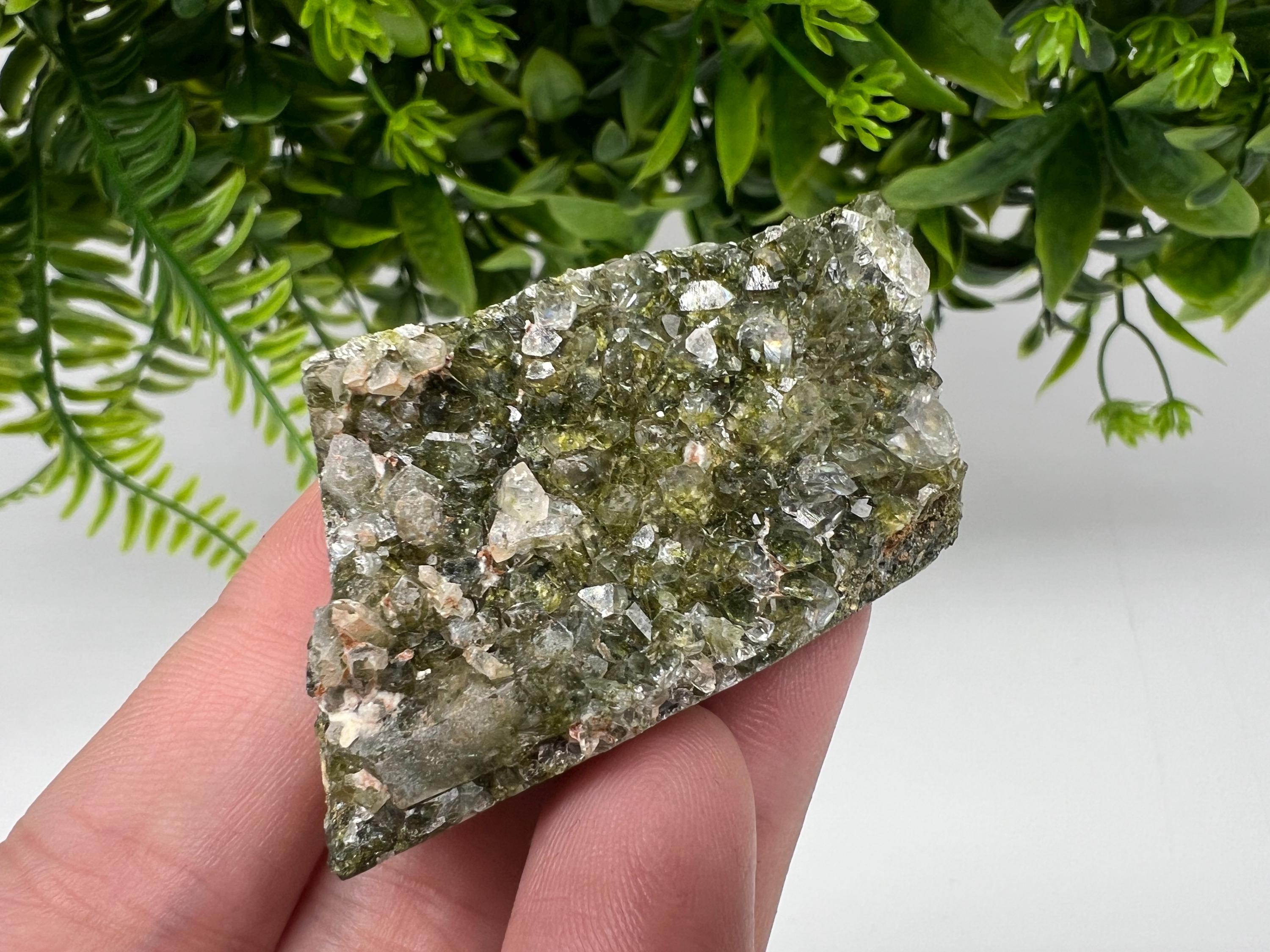 Rare Green Epidote with Quartz Crystals: Sparkly Rainbow Mineral Decor