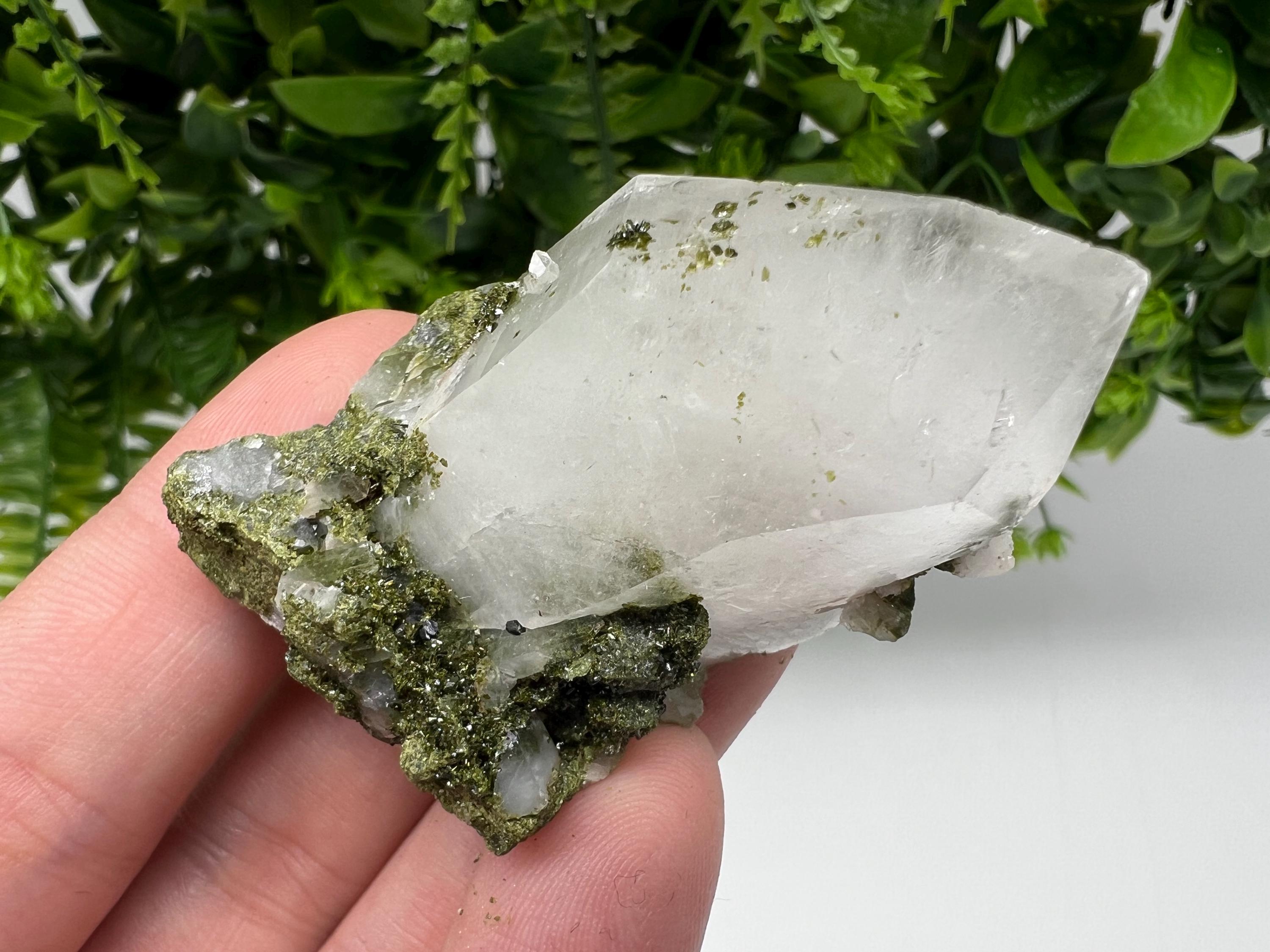 Rare Green Epidote with Quartz Crystals, Sparkly Rainbow Stone, Turkey