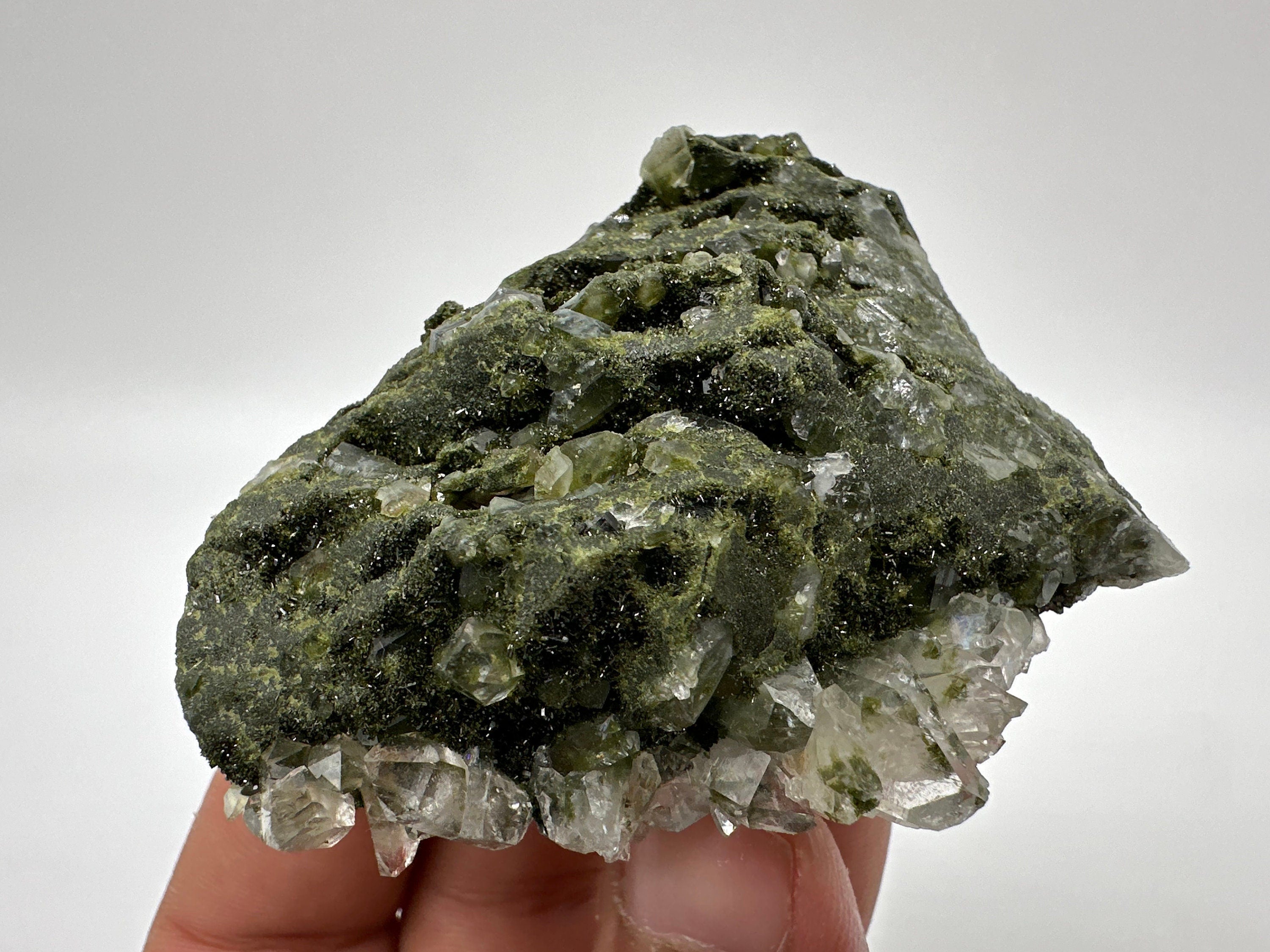 Rare Green Epidote with Quartz Crystals: Sparkly Rainbow Mineral Decor