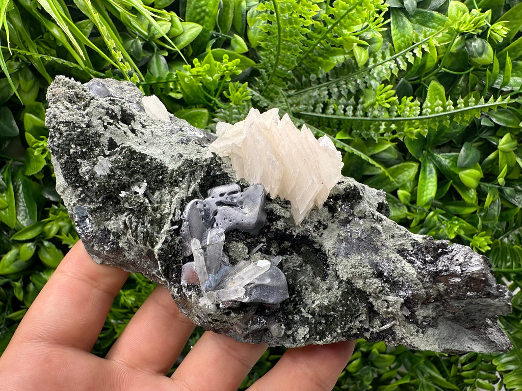 Galena Calcite on Quartz Cluster, Borieva Mine Mineral Specimen