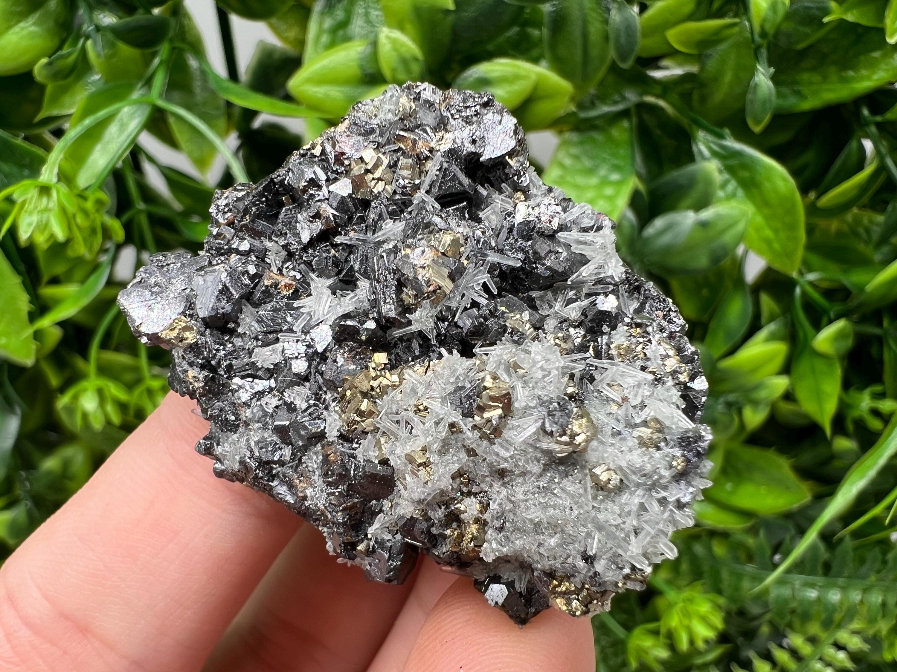 Stunning Chalcopyrite,Galena,Sphalerite,Calcite,on needle Quartz from Borieva mine,Madan,Bulgaria,natural,collectible mineral specimen,gift