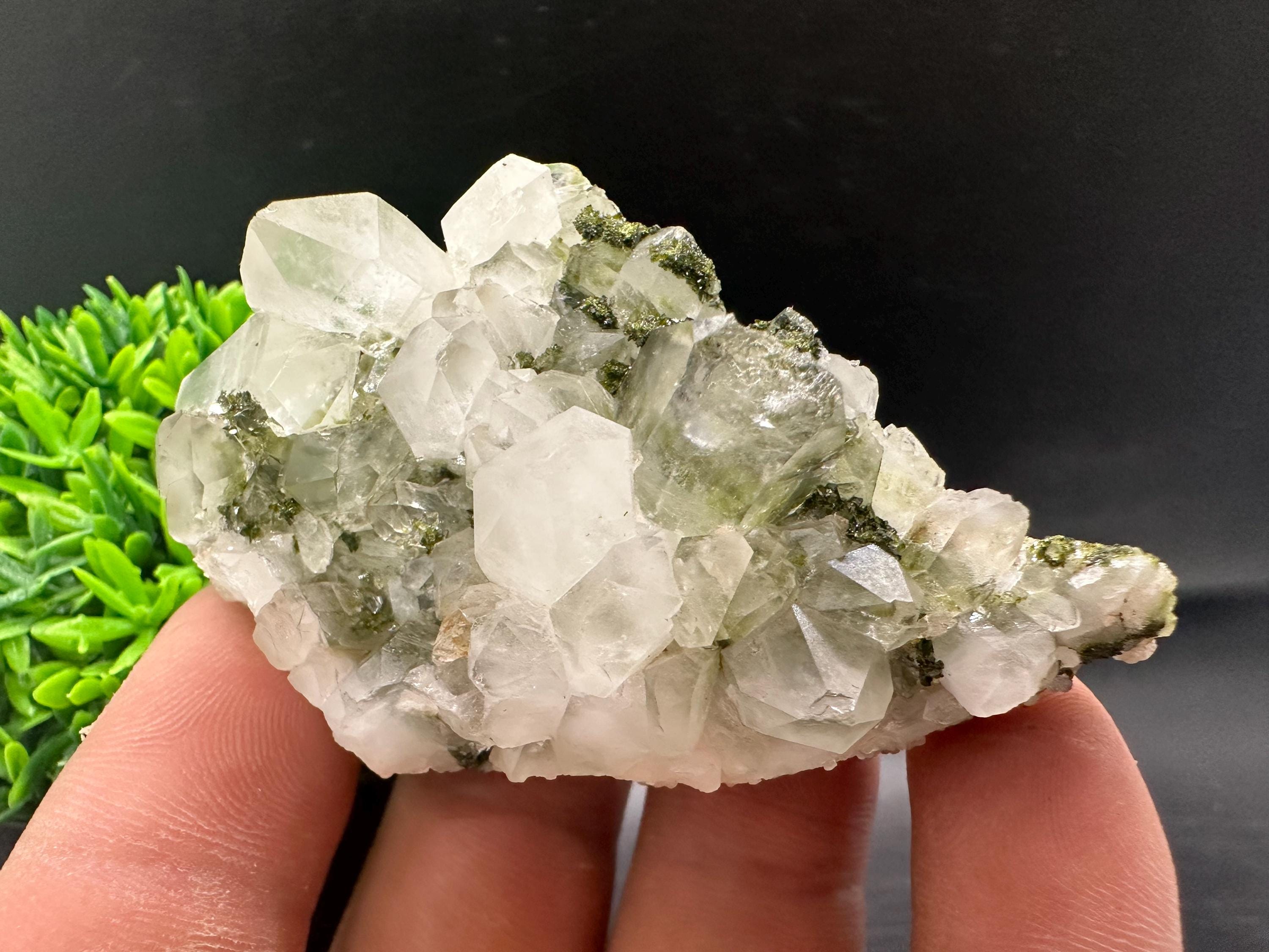 Rare Green Epidote with Quartz Crystals: Sparkly Rainbow Stone Decor