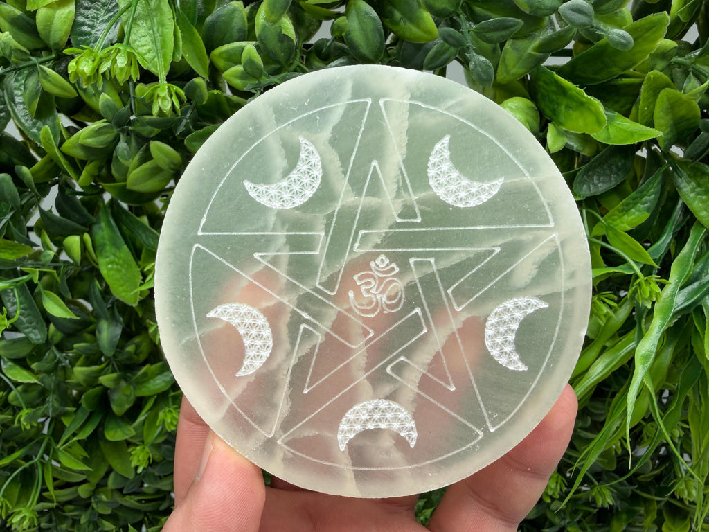 Selenite Charging Plate with Moon and Om Symbol – Crystal Energy Cleansing Disk