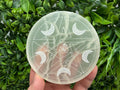 Selenite Charging Plate with Moon and Om Symbol – Crystal Energy Cleansing Disk