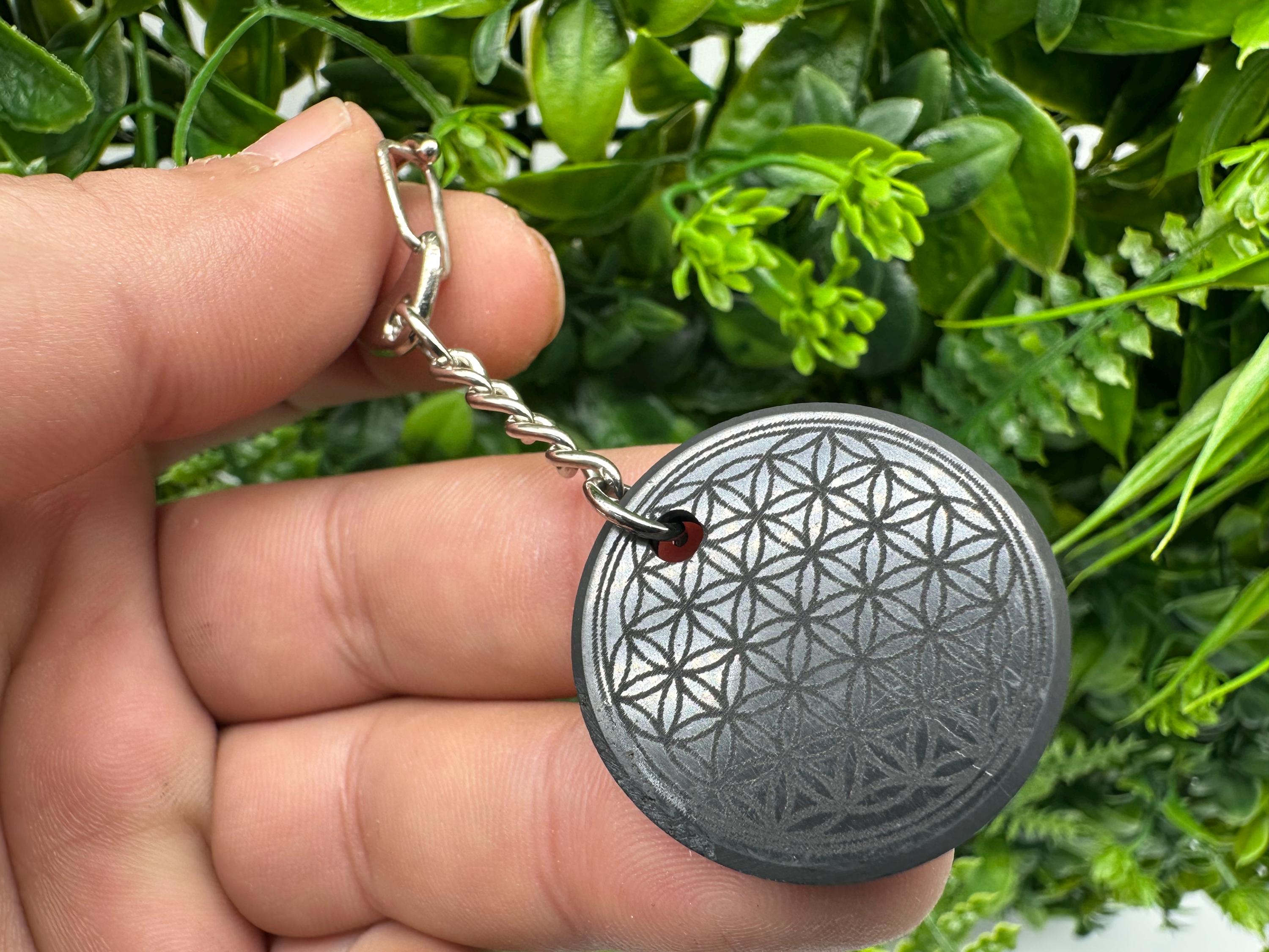 Shungite Keychain: Flower of Life Crystal Pendant, EMF Protection