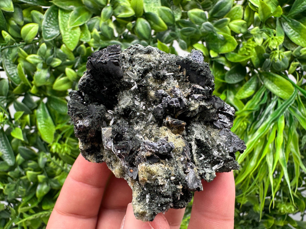 Sphalerite on Quartz with Epidote and Chlorite, Bulgaria Mineral Specimen