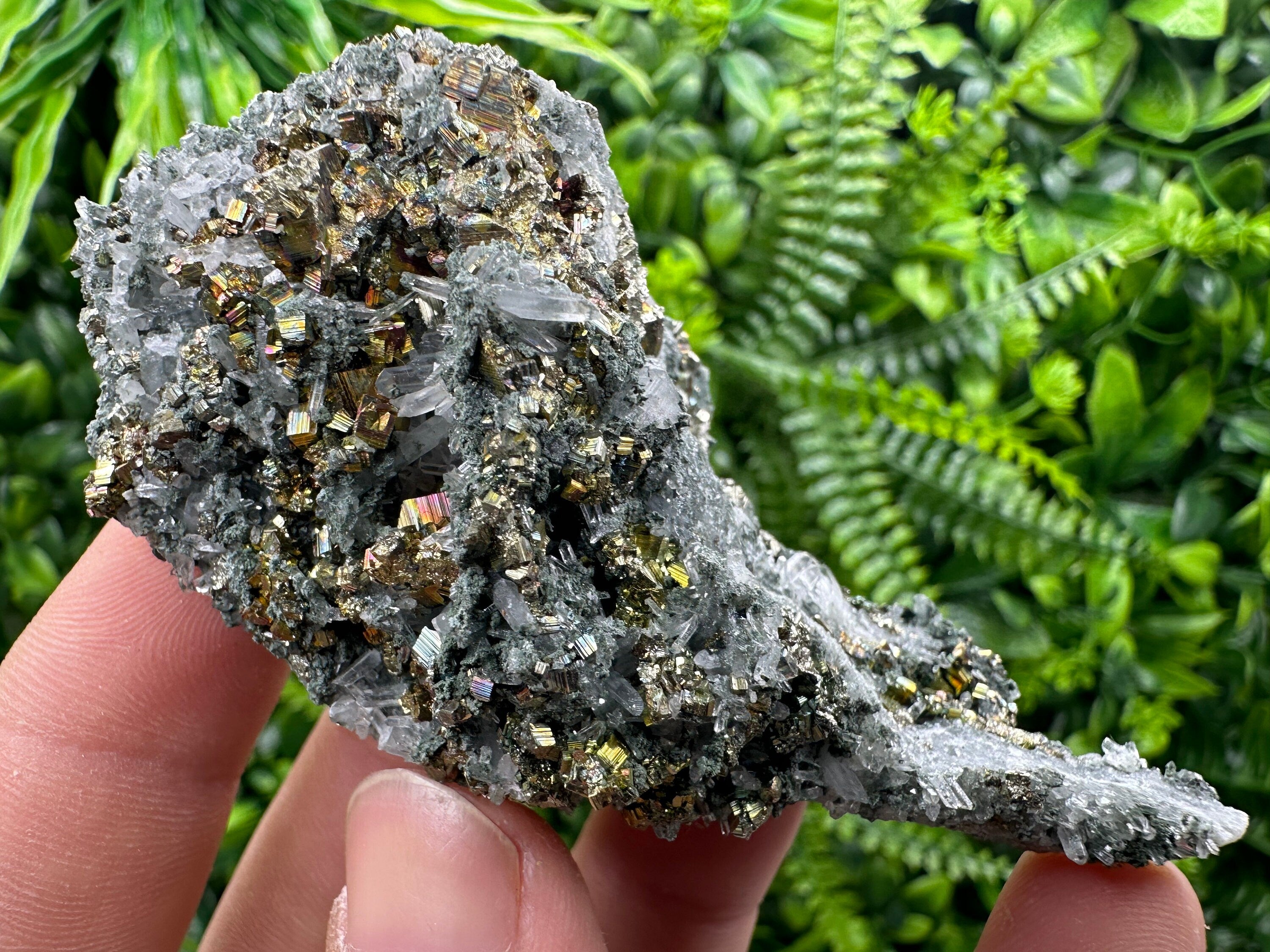 Red Pyrite on Green Quartz with Sphalerite, Borieva Mine Mineral Specimen