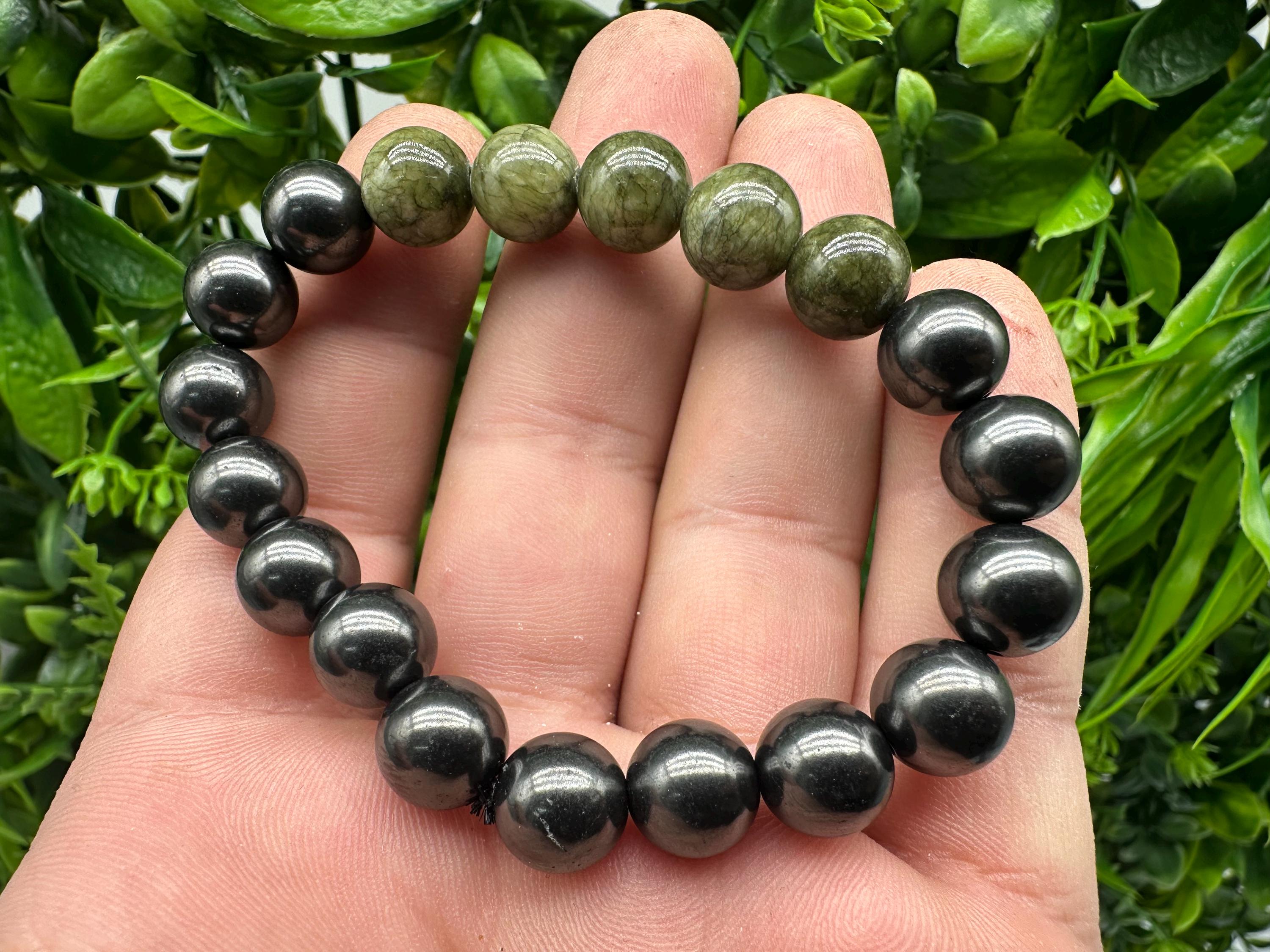 Shungite Jade Bracelet: 10mm Gemstone Beaded Bracelet, EMF Protection