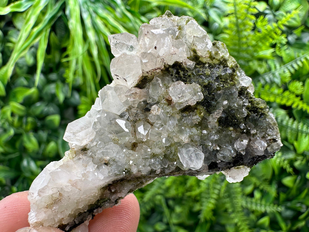Rare Green Epidote with Quartz Crystals: Sparkly Rainbow Stone Decor