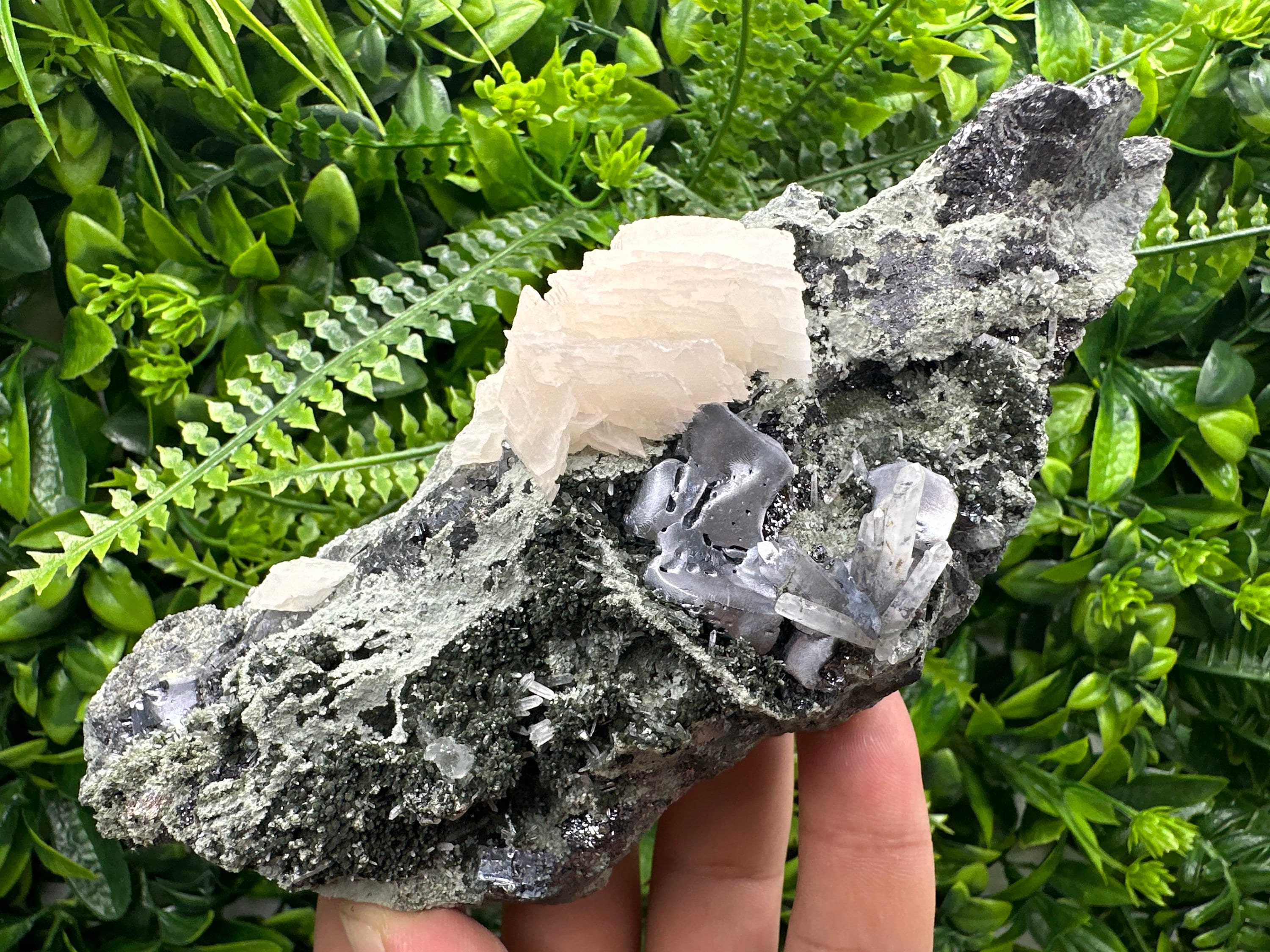 Galena Calcite on Quartz Cluster, Borieva Mine Mineral Specimen