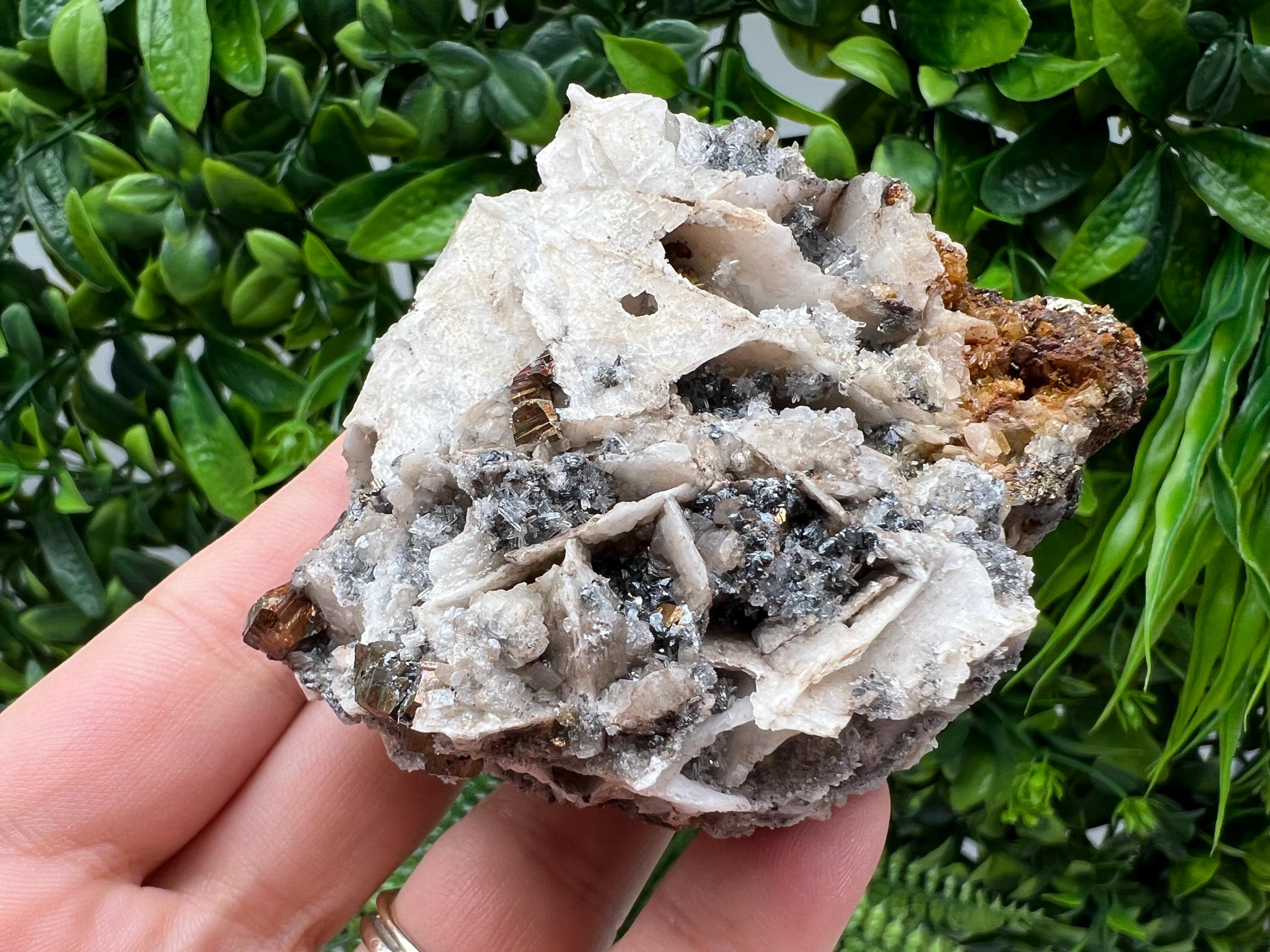 Pyrite on Calcite Mineral Specimen: Madan Bulgaria, Iron Oxide Home Decor Stone