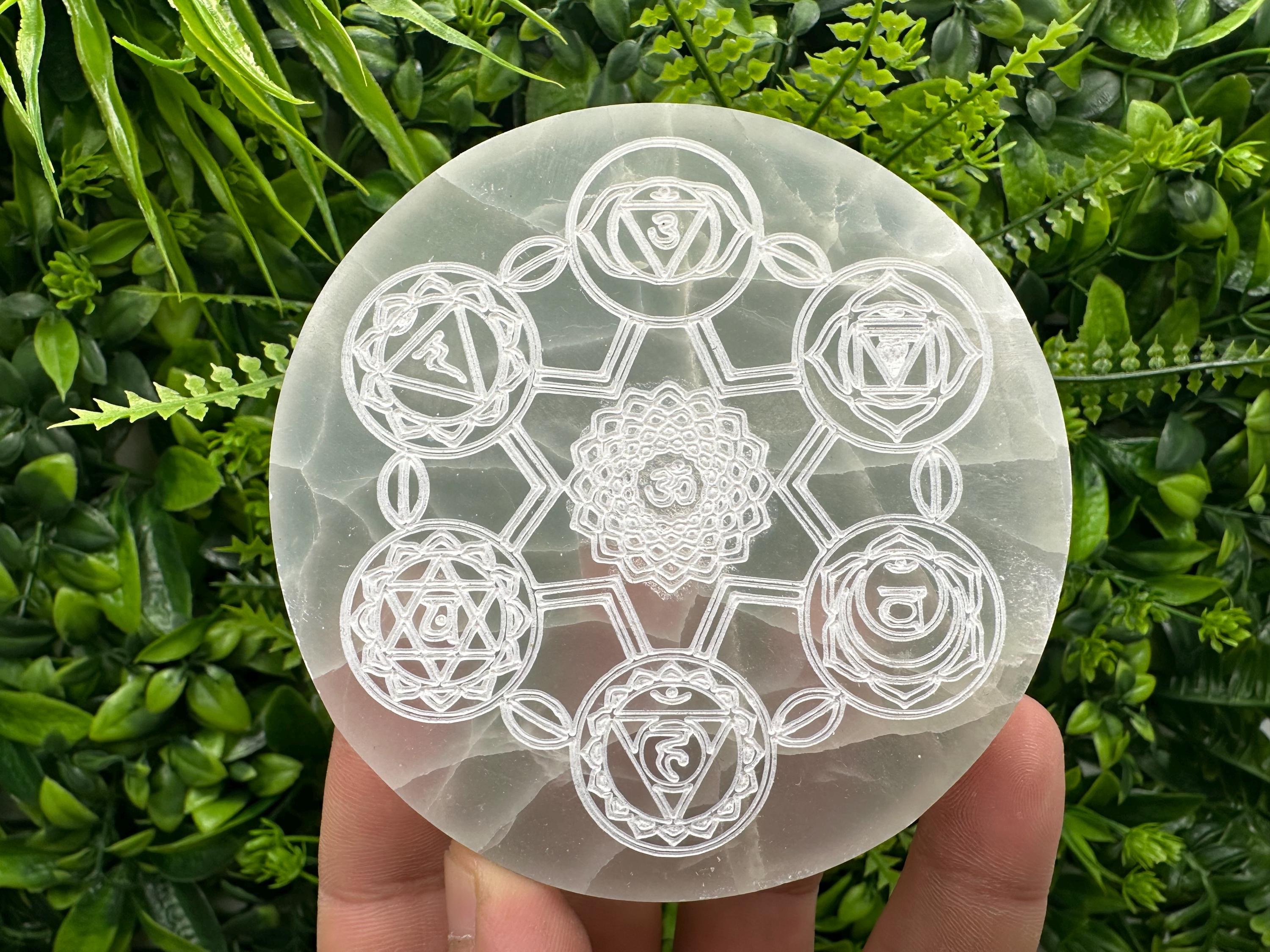 Selenite 7 Chakra Disk: Healing Crystal Charging Wand