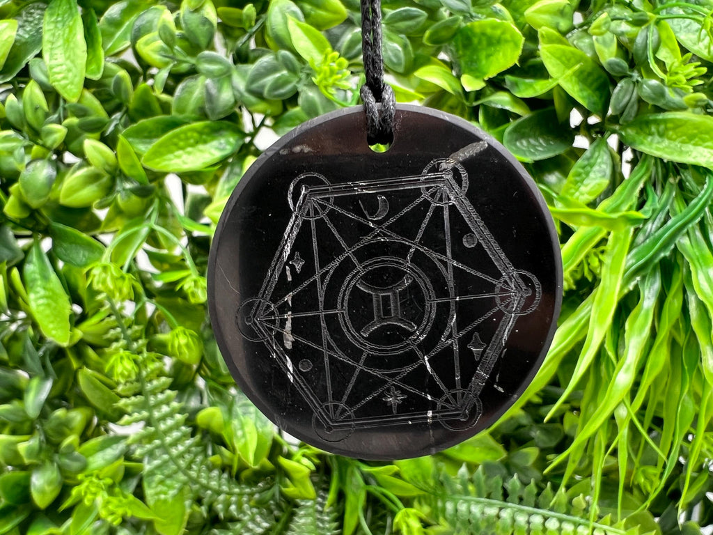 Shungite Gemini Zodiac Pendant Necklace: EMF Protection Healing Stone