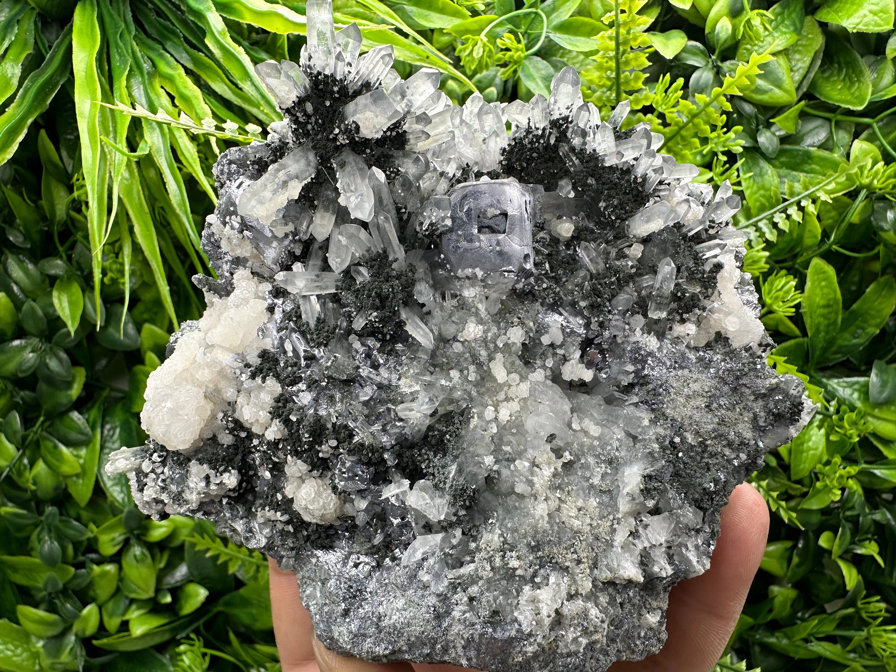 Galena on Quartz with Chlorite and Calcite: Natural Crystal Decor