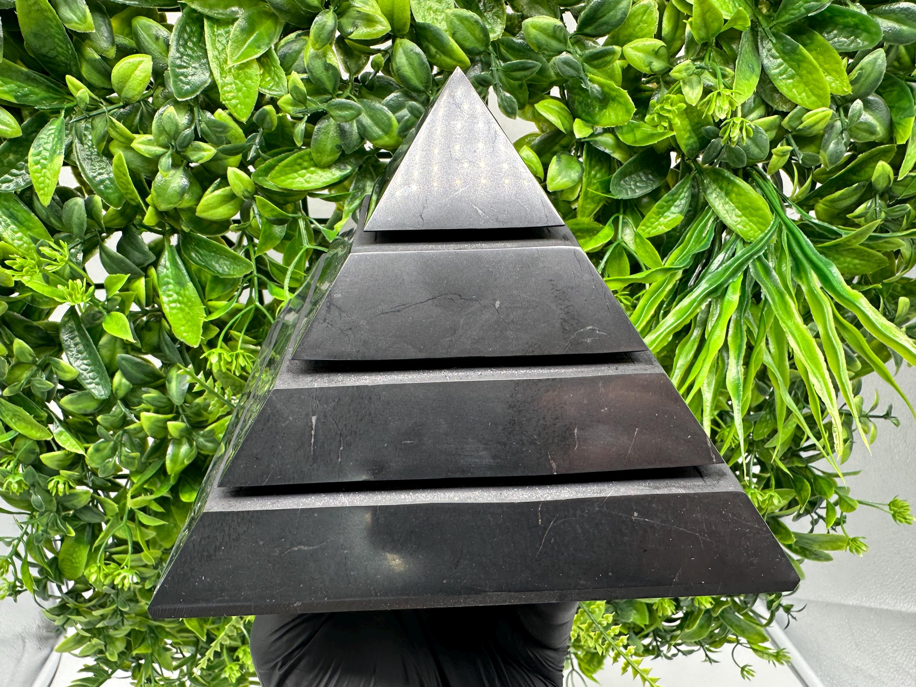 Polished Shungite Pyramid: EMF Protection, Sacred Geometry (15cm)