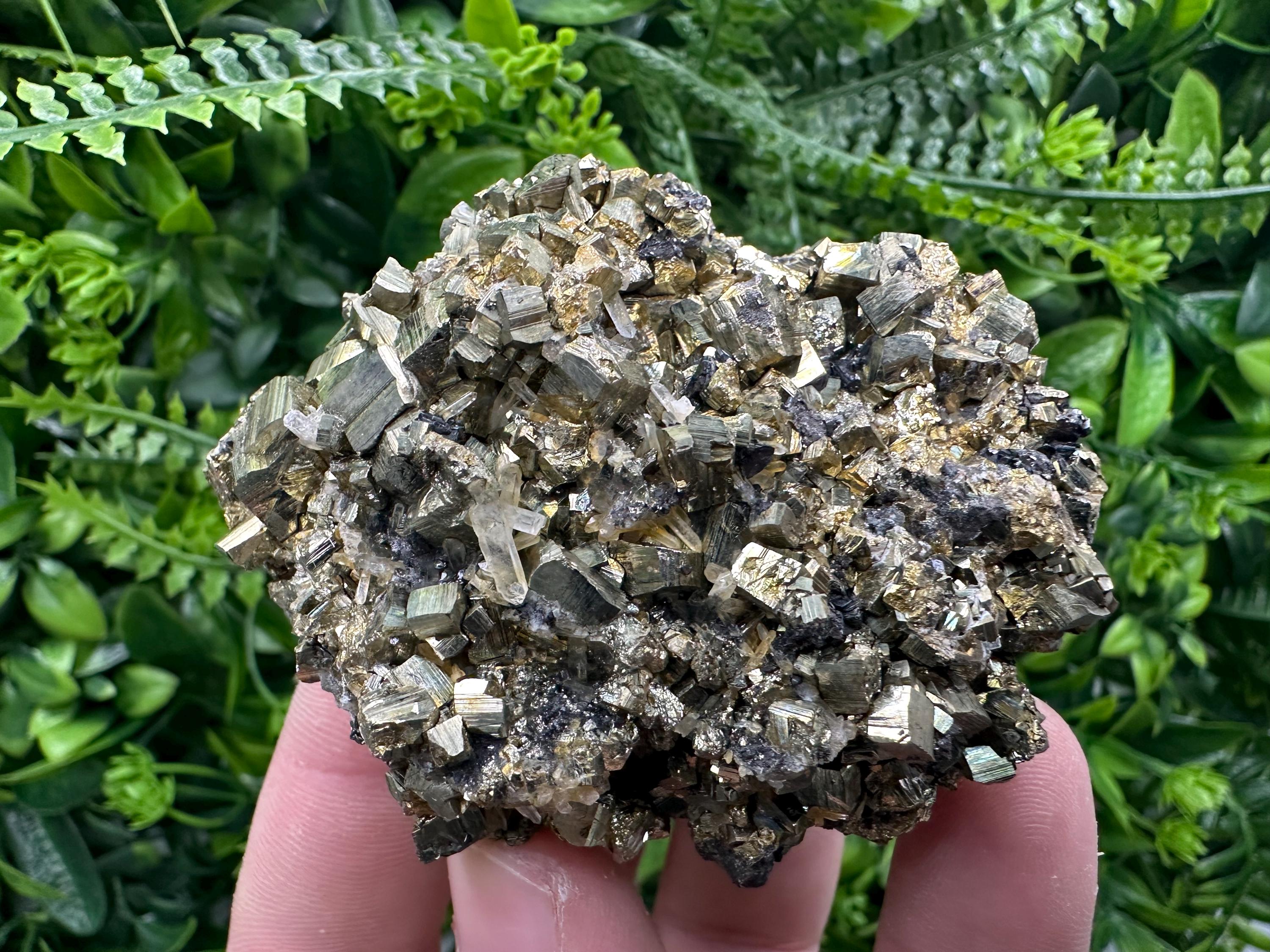 Rainbow Pyrite Cluster on Sphalerite Quartz, Borieva Mine Mineral Specimen