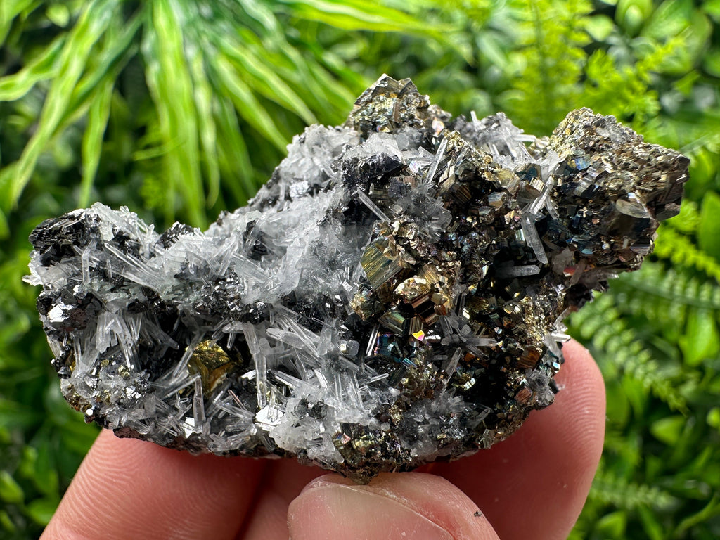 Rainbow Pyrite Sphalerite on Quartz: Natural Crystal Home Decor