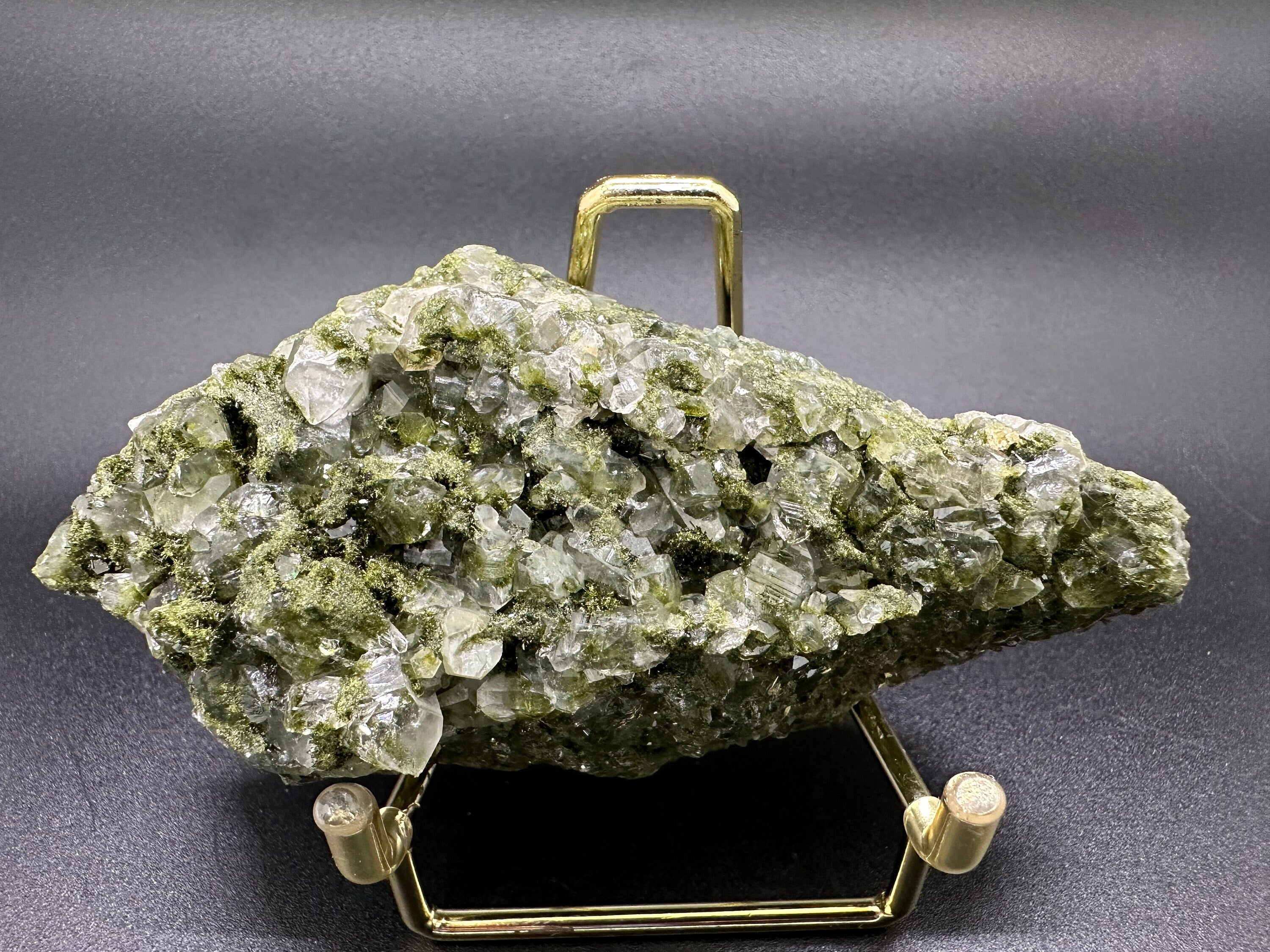 Rare Green Epidote with Quartz Crystals: Sparkly Rainbow Mineral Decor