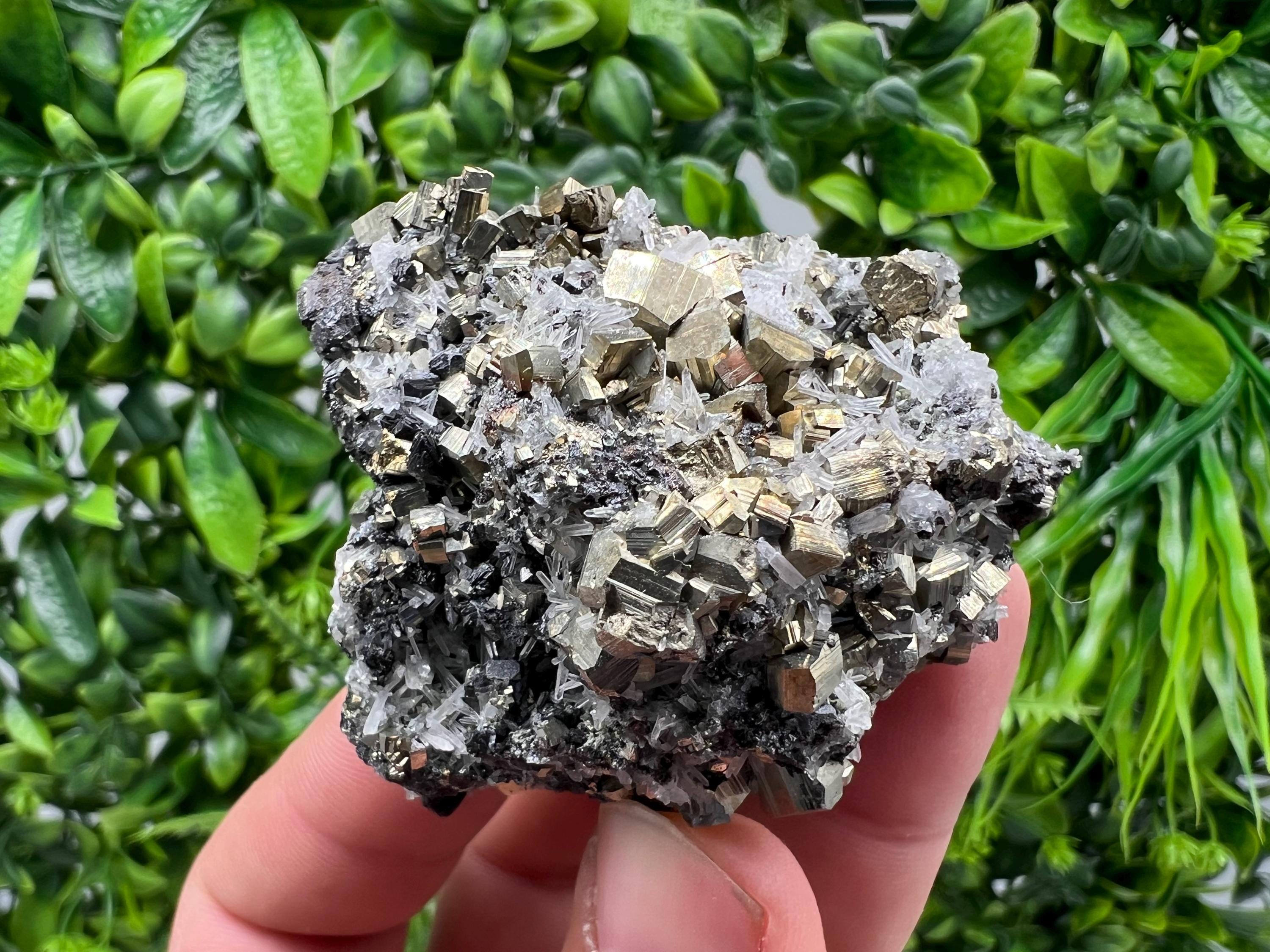 Rainbow Pyrite on Quartz, Natural Mineral Specimen, Borieva Bulgaria
