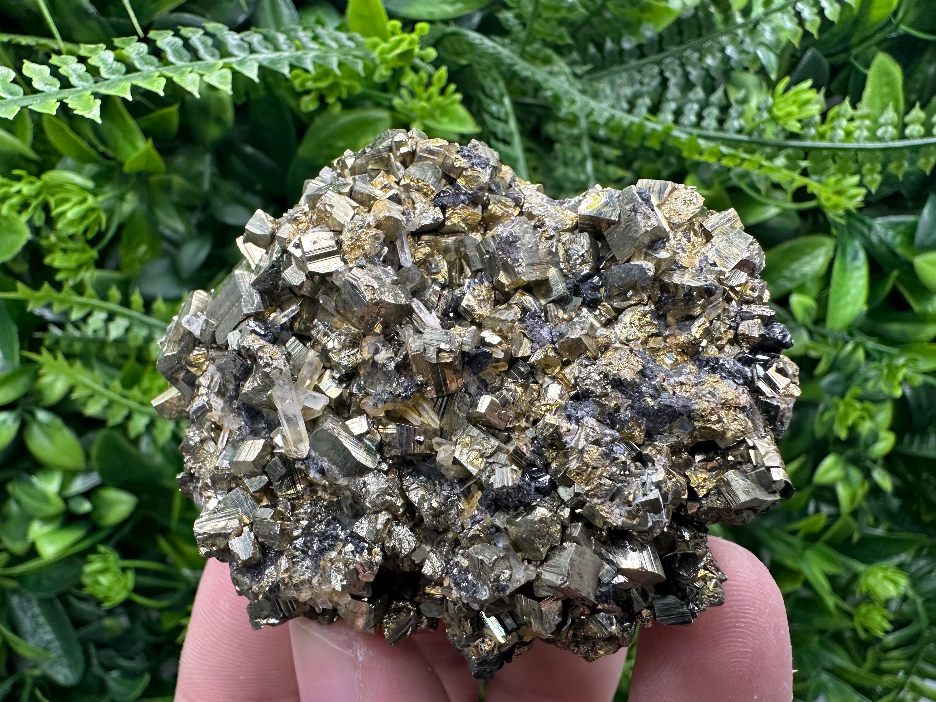 Rainbow Pyrite Cluster on Sphalerite Quartz, Borieva Mine Mineral Specimen