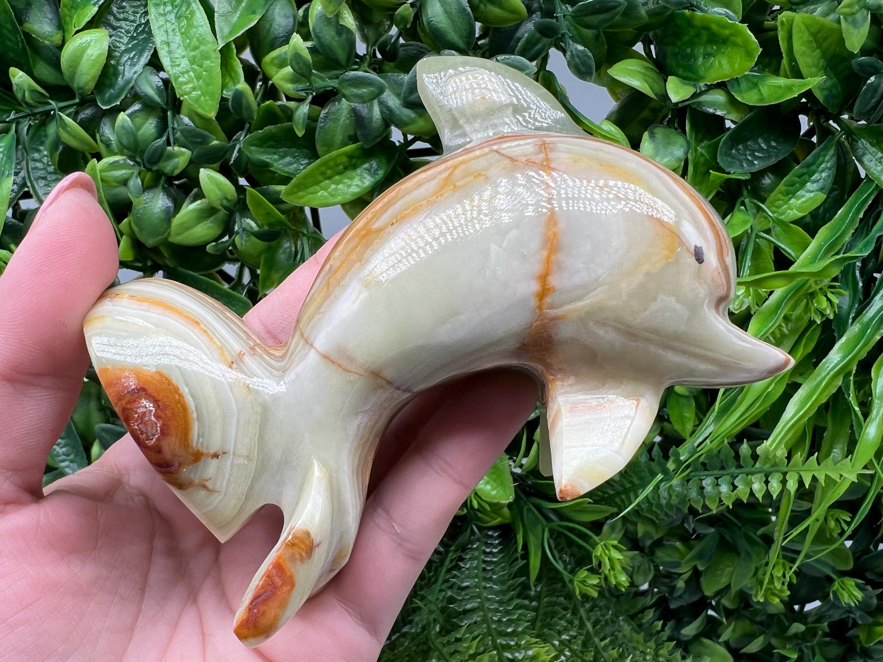 Vintage Onyx Marble Dolphin Figurine: Green & Brown Home Decor