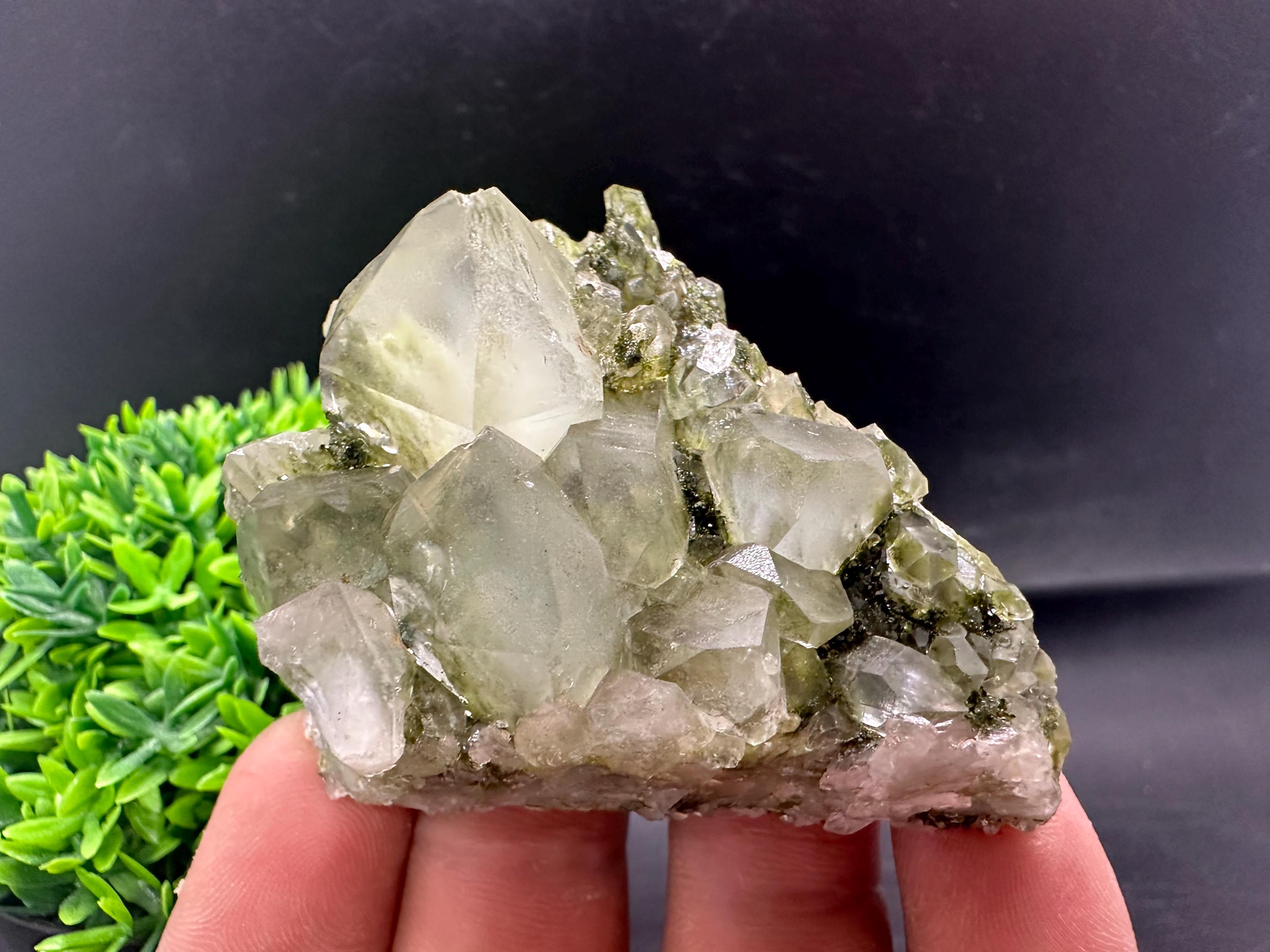Rare Green Epidote with Quartz Crystals: Sparkly Rainbow Mineral Decor