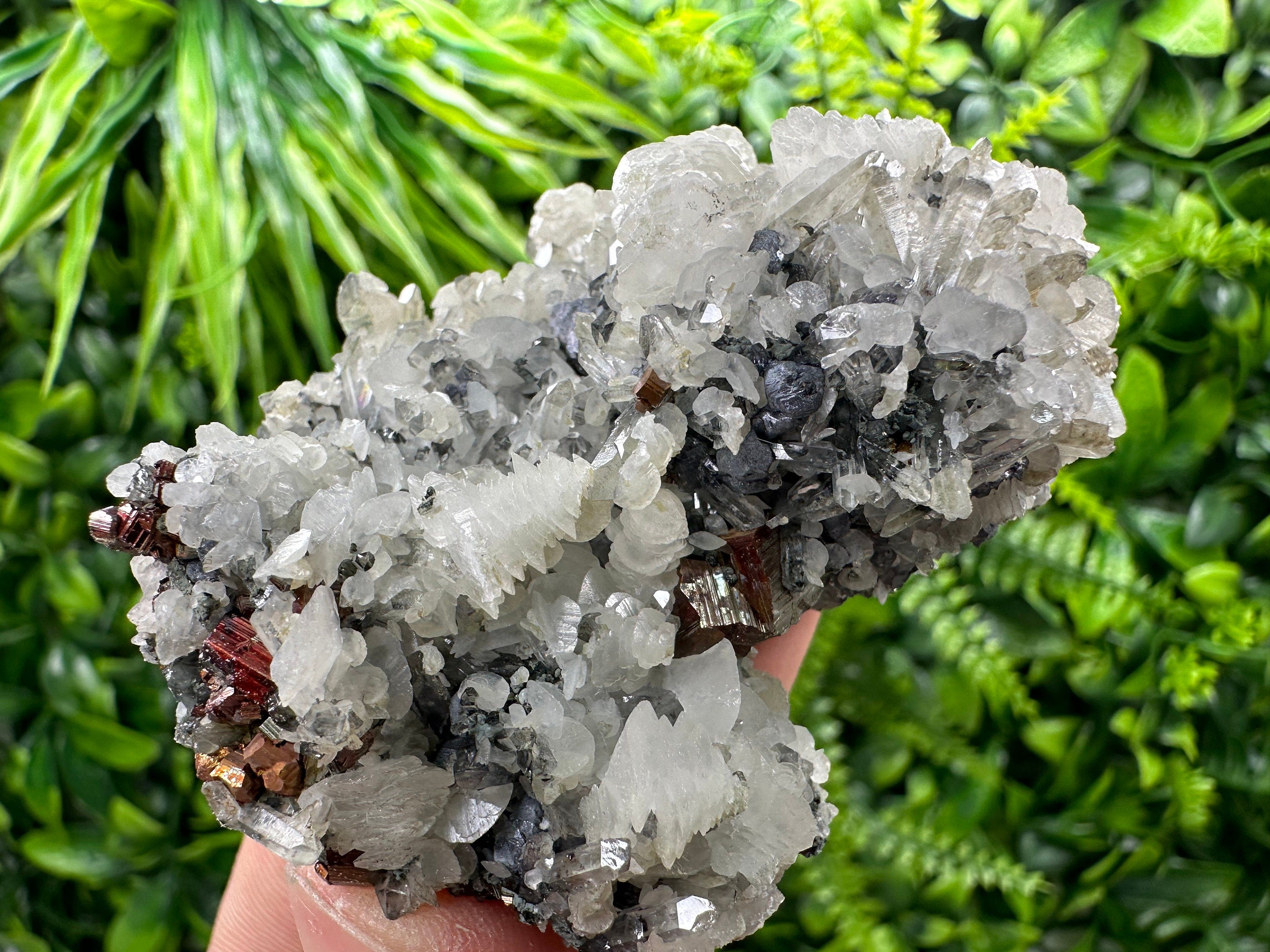 Pyrite Calcite on Quartz Crystal: Borieva Mine, Bulgaria