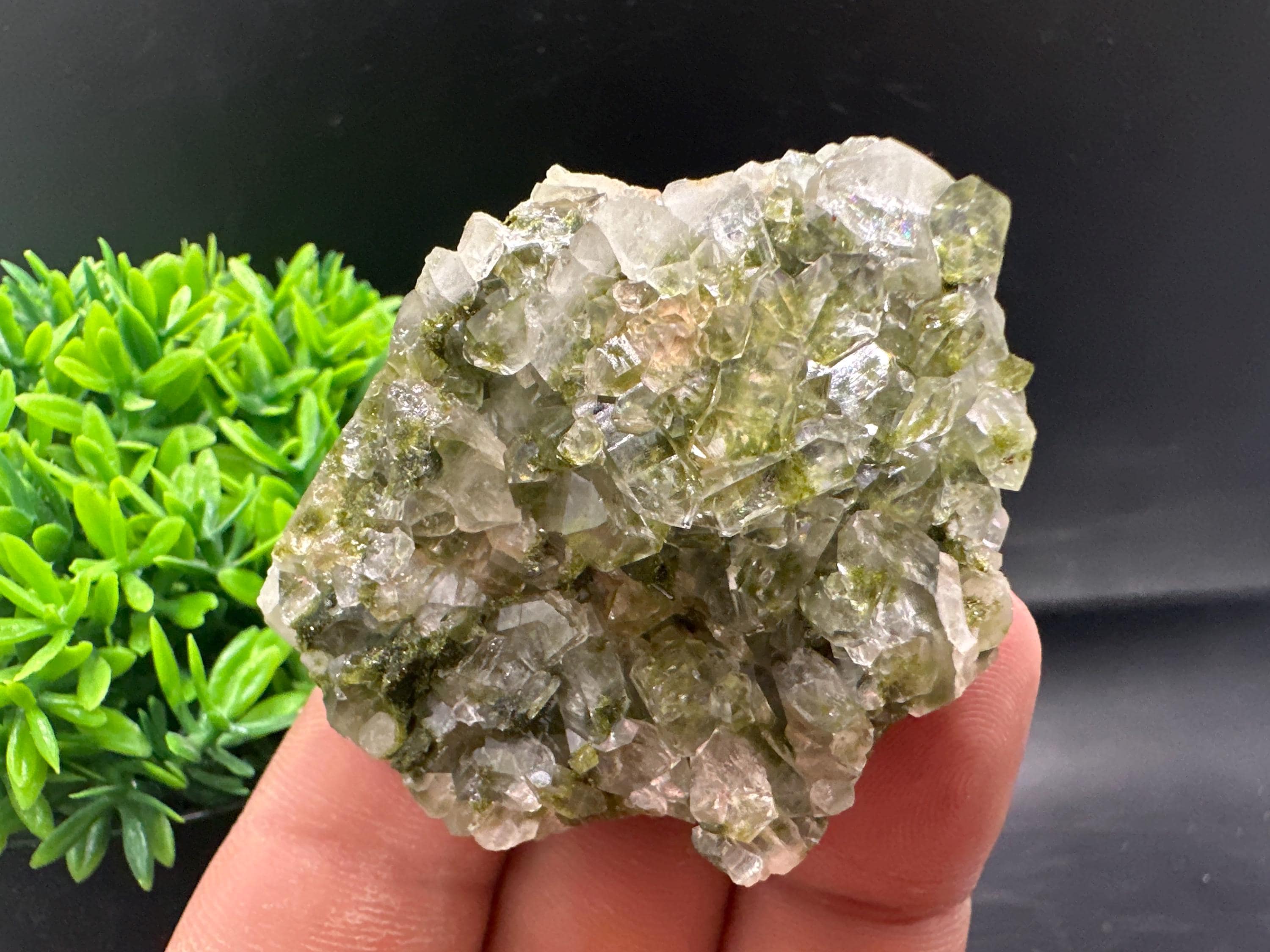 Rare Green Epidote with Quartz Crystals: Sparkly Rainbow Mineral Decor