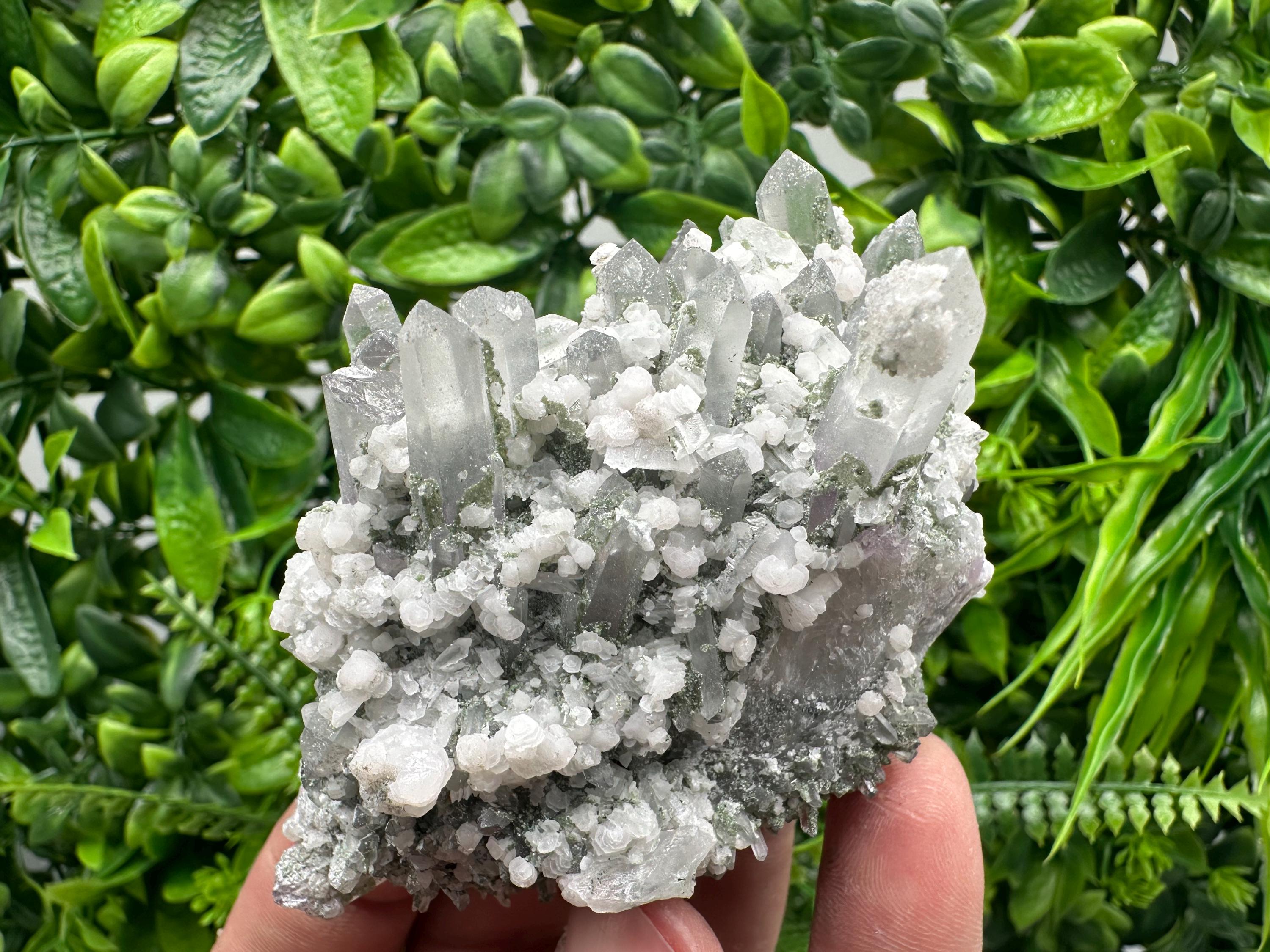 Calcite on Quartz with Amethyst and Chlorite, Bulgaria Mineral Specimen