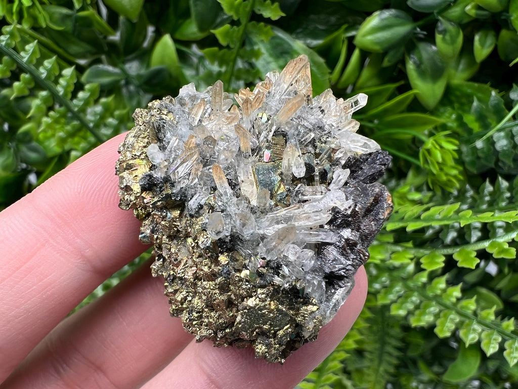 Rainbow Pyrite with Sphalerite on Quartz: Natural Crystal Decor