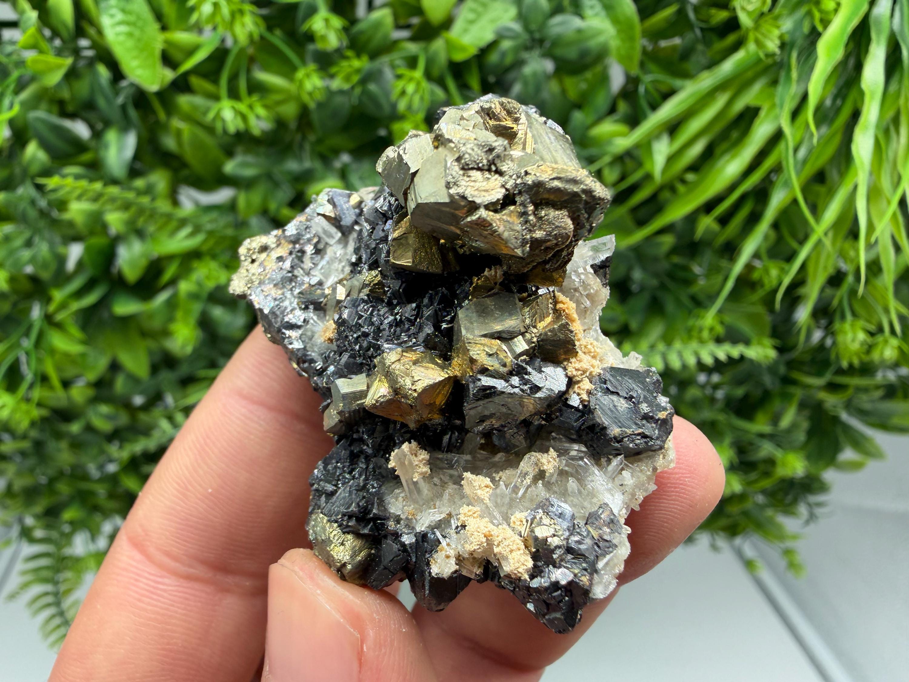 Rainbow Pyrite on Sphalerite with Quartz and Siderite, Collection Specimen