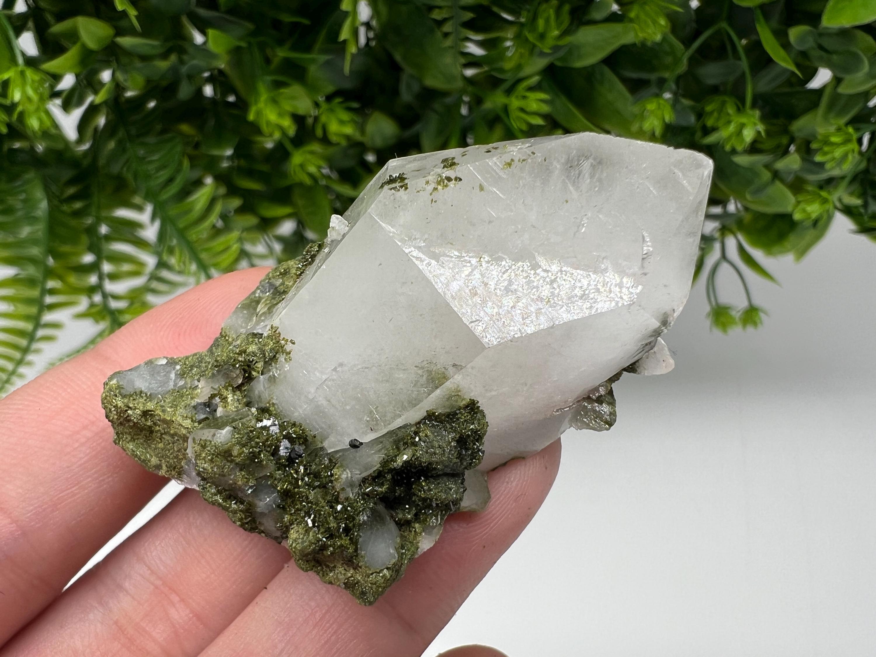 Rare Green Epidote with Quartz Crystals, Sparkly Rainbow Stone, Turkey