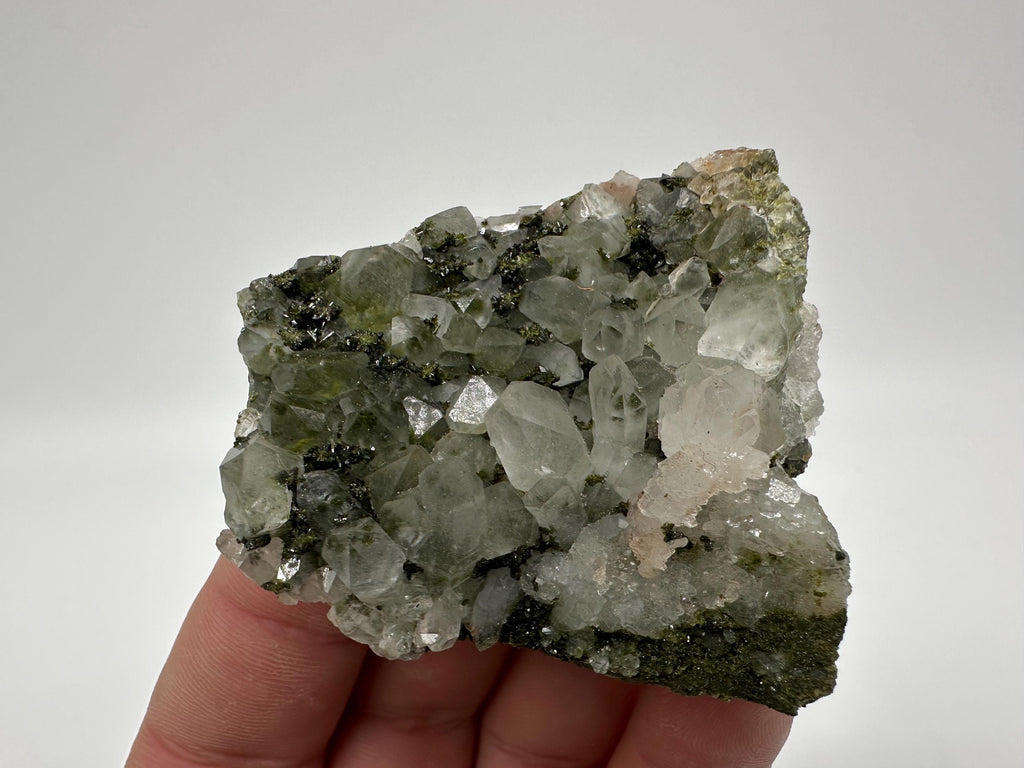 Rare Green Epidote with Quartz Crystals: Sparkly Rainbow Mineral Decor