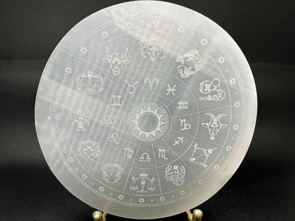 Natural Selenite Zodiac Disc: Engraved Crystal Healing Decor (10/10cm)