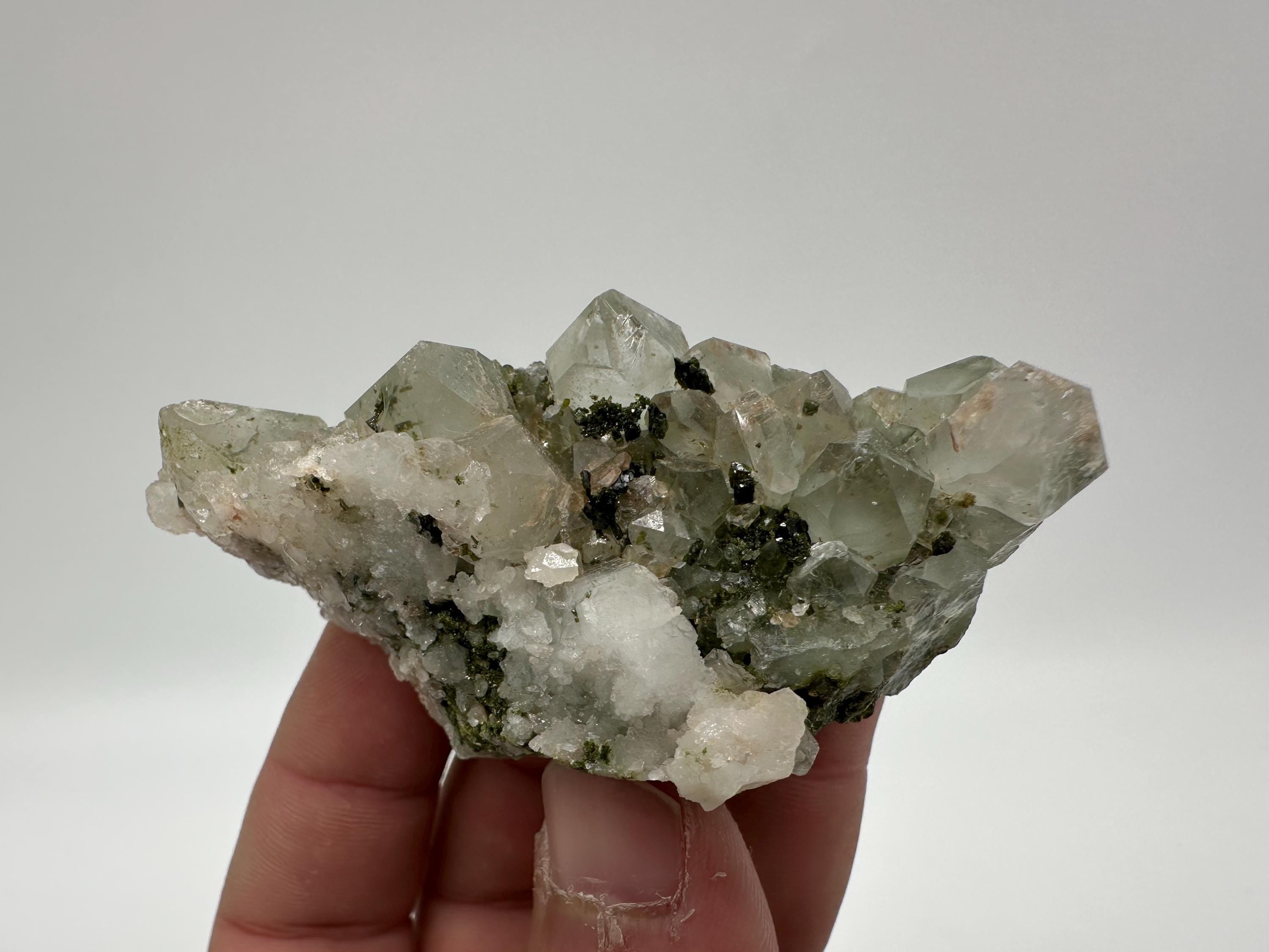 Rare Green Epidote with Quartz Crystals: Sparkly Rainbow Mineral Decor