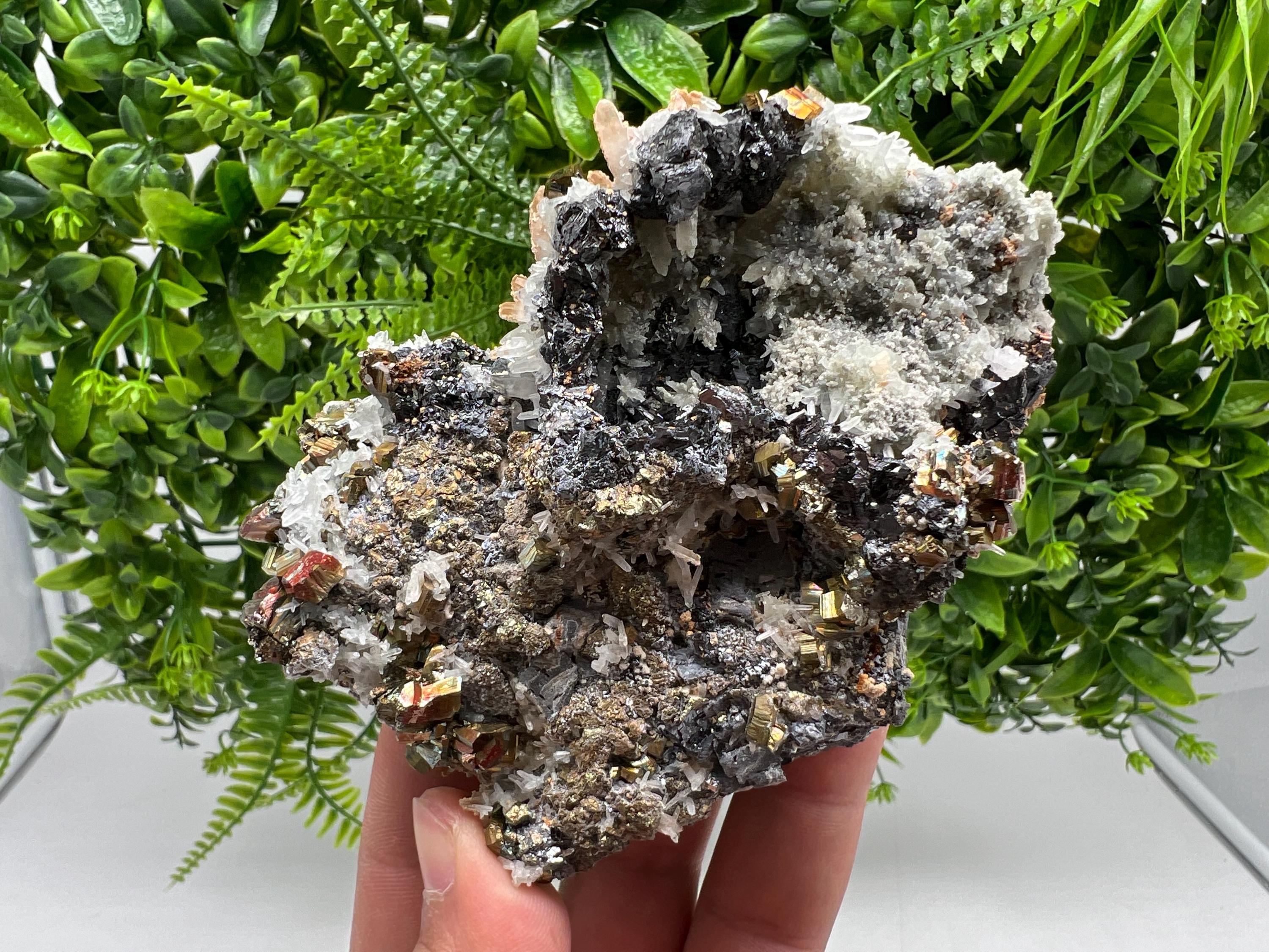 Wonderful Rainbow Pyrite,Sphalerite on Quartz from 9 th September mine,Madan,Bulgaria natural,collectibles mineral specimen,home decor stone