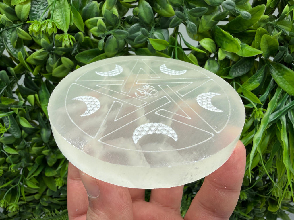 Selenite Charging Plate with Moon and Om Symbol – Crystal Energy Cleansing Disk