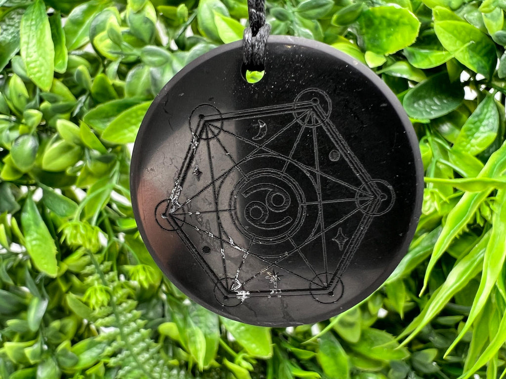 Shungite Zodiac Cancer Pendant Necklace: EMF Protection Healing Stone