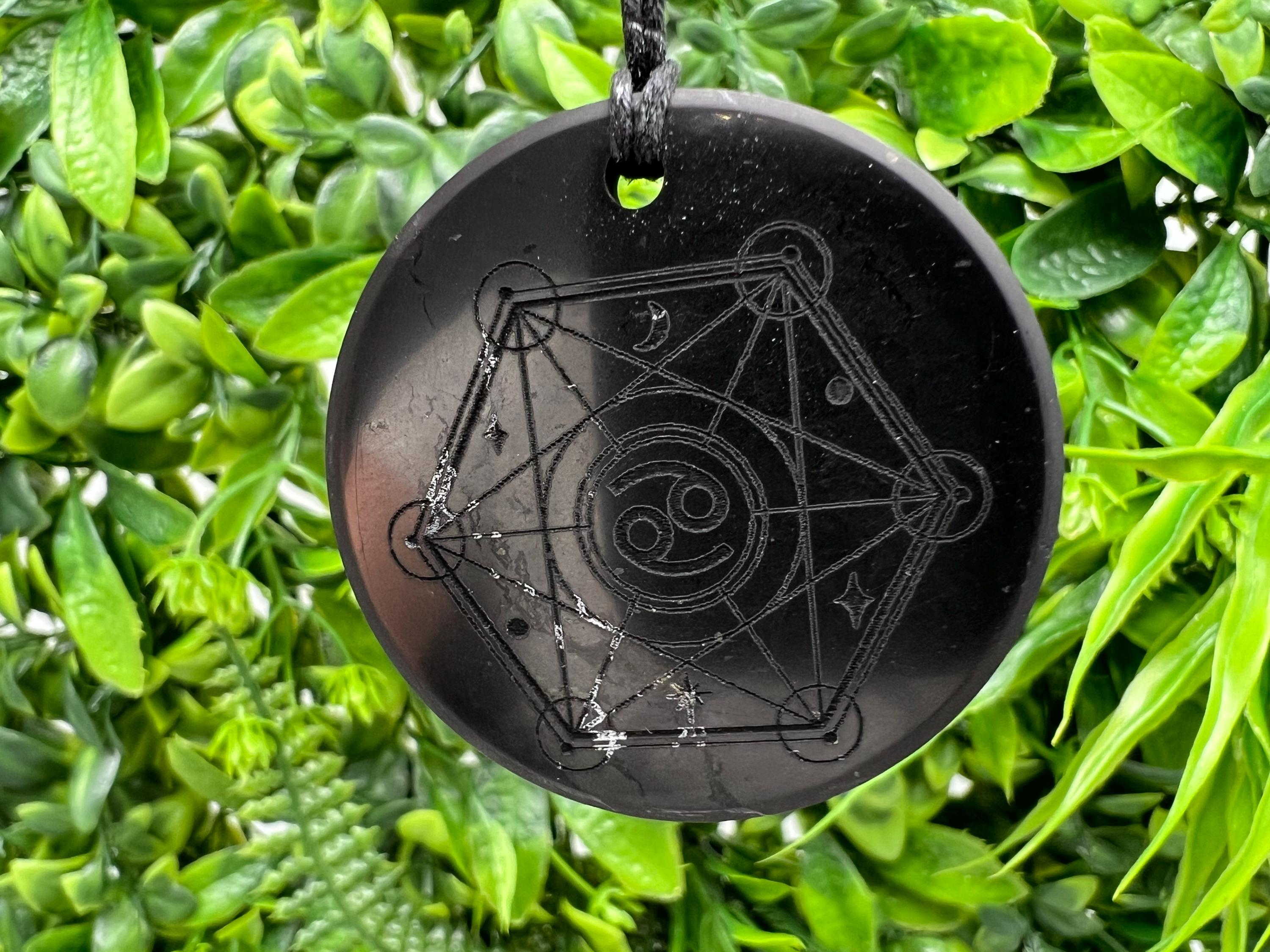 Shungite Zodiac Cancer Pendant Necklace: EMF Protection Healing Stone
