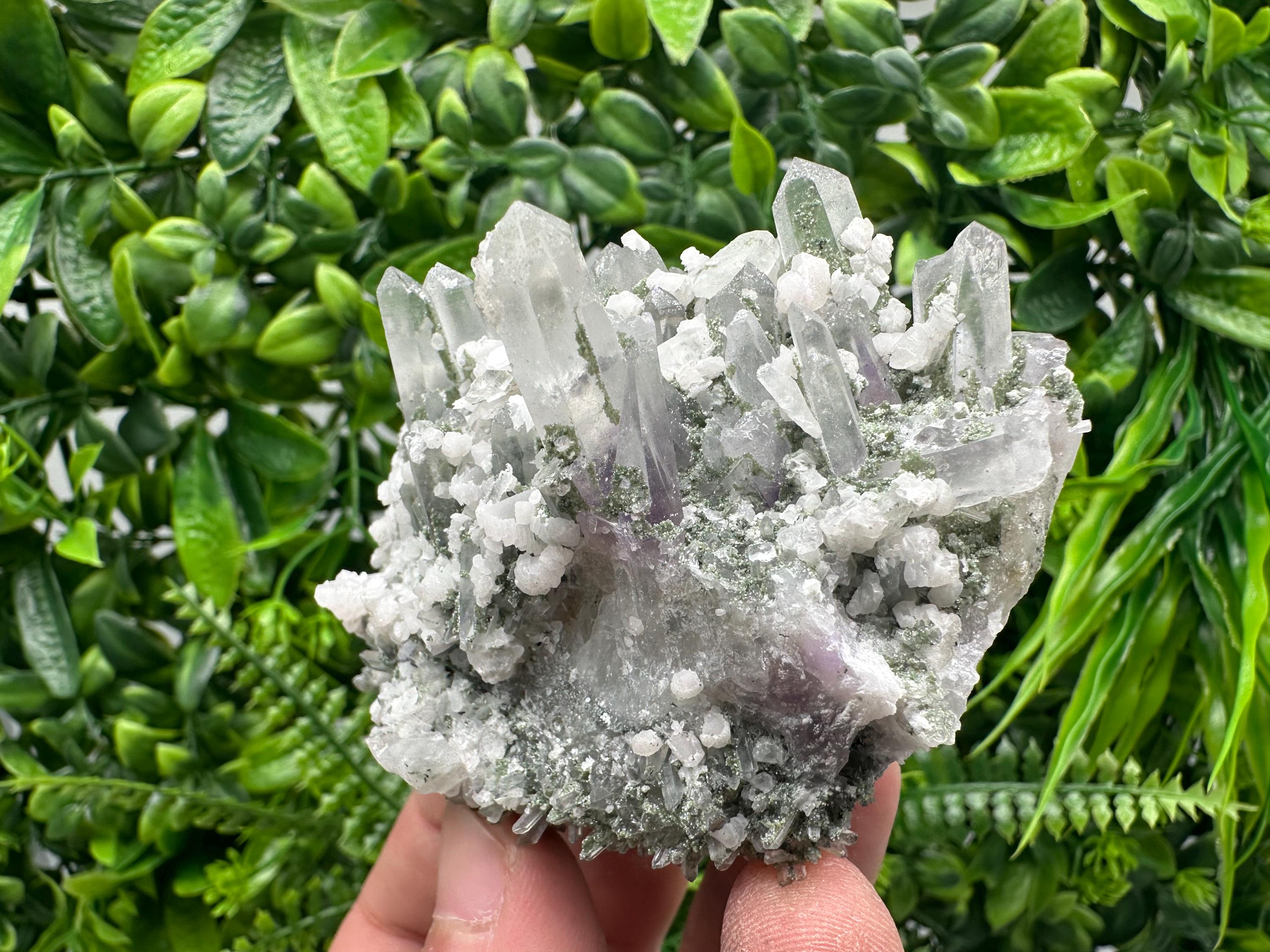 Calcite on Quartz with Amethyst and Chlorite, Bulgaria Mineral Specimen