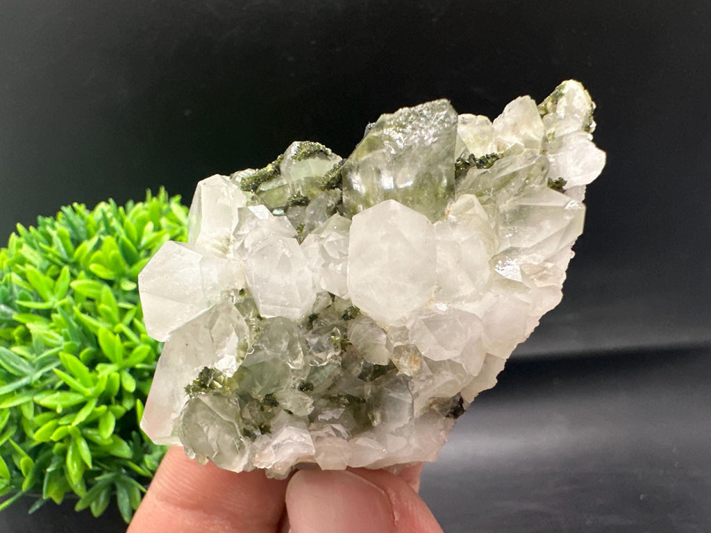 Rare Green Epidote with Quartz Crystals: Sparkly Rainbow Stone Decor